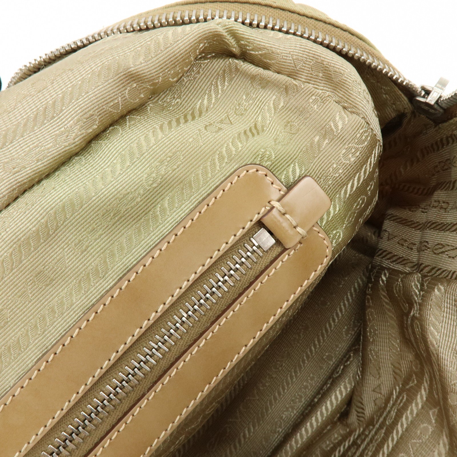 PRADA Logo Nylon Leather Shoulder Bag Boston Bag Beige BR3150