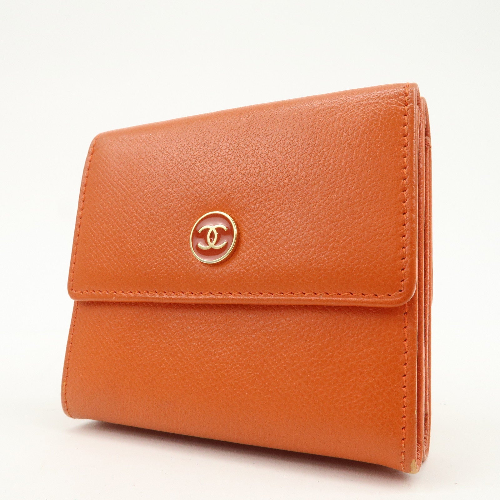 CHANEL COCO Button Leather W Hook Compact Wallet Orange A20902