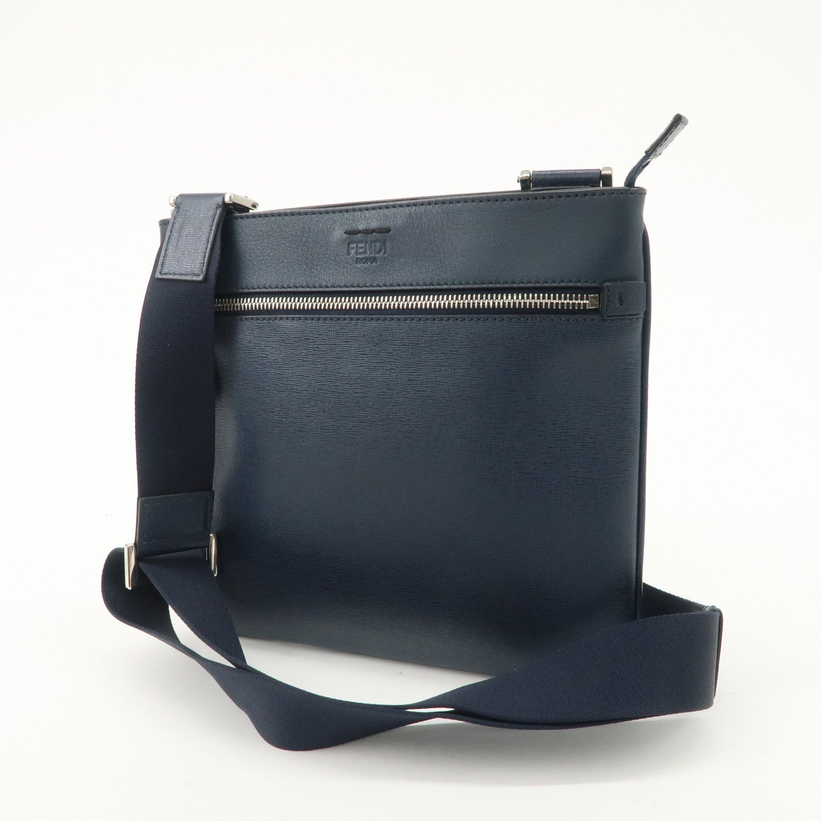 FENDI Logo Leather Shoulder Bag Crossbody Bag Navy 7VA357 Used