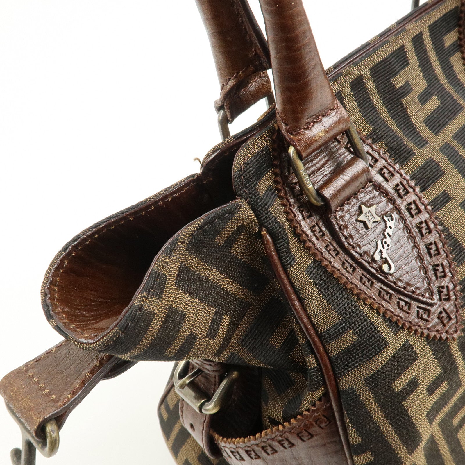 FENDI Ethnico Zucca Canvas Leather Shoulder Bag Brown 8BN157