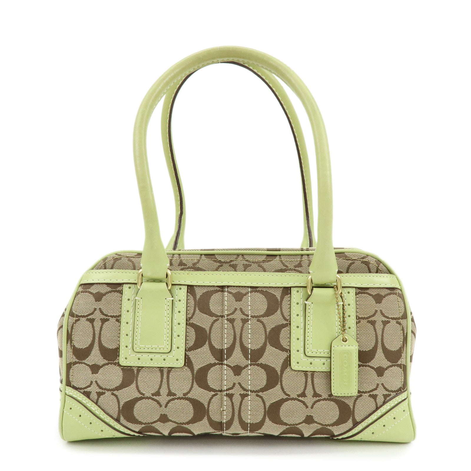 COACH Signature Canvas Leather Boston Hand Bag Light Brown Green