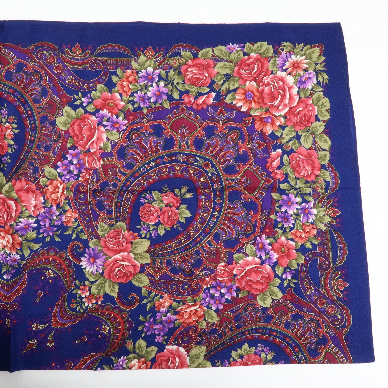 SAINT LAURENT PARIS Cotton Wool Scarf Flower Print Navy Red