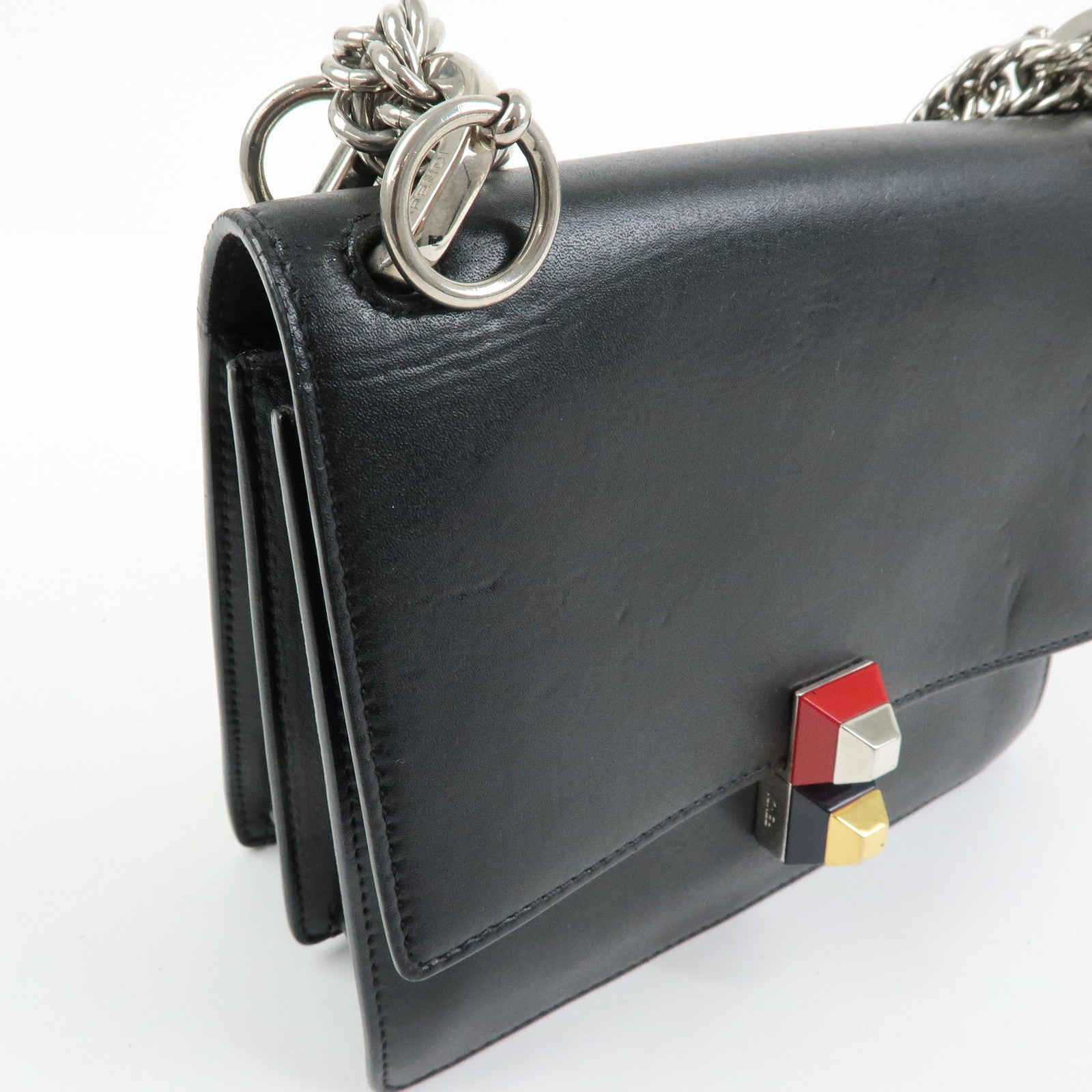FENDI Kan I Mini Leather Chain Shoulder Crossbody Bag Black 8M0381