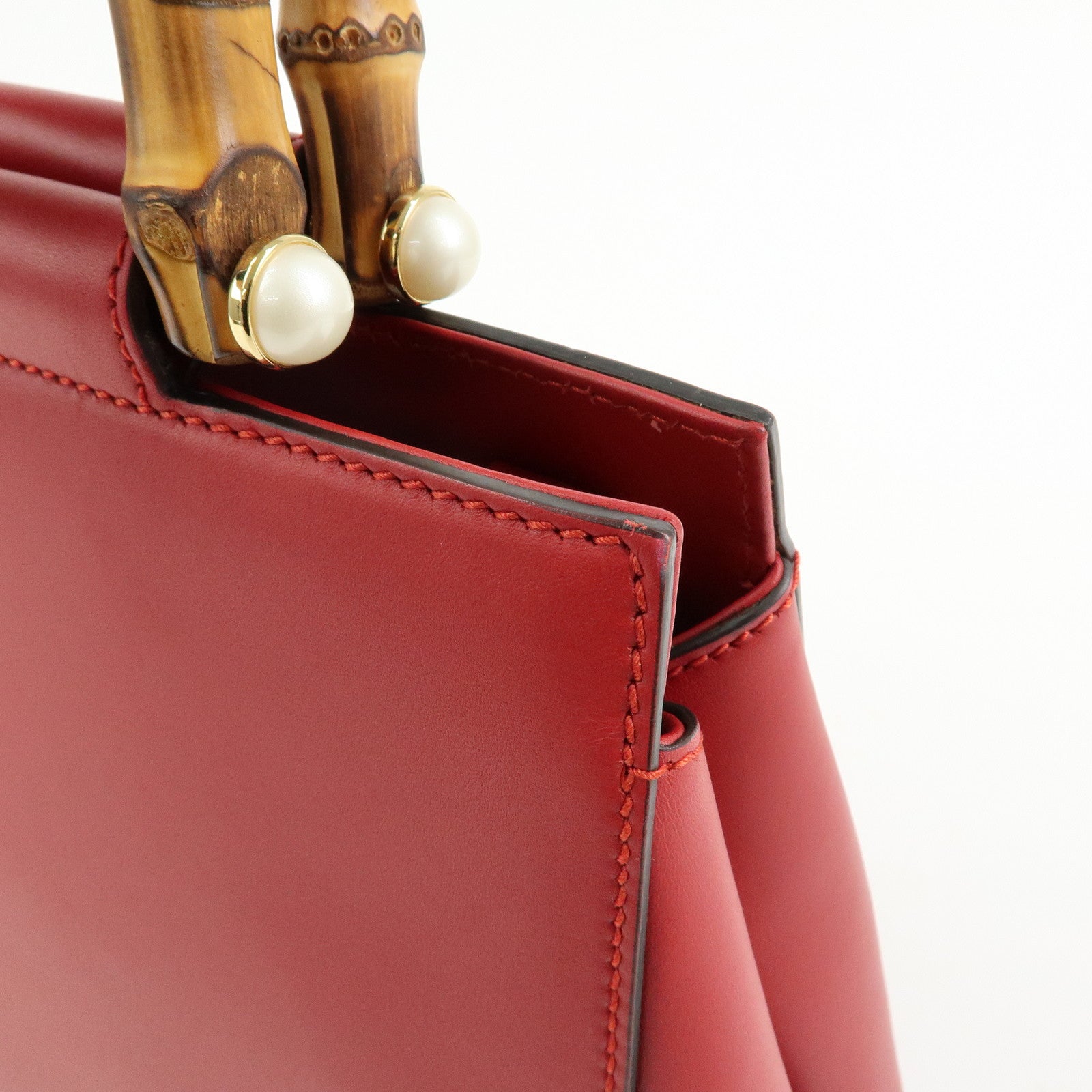 GUCCI Bamboo Nymphaea Leather 2Way Bag Hand Bag Red 453767