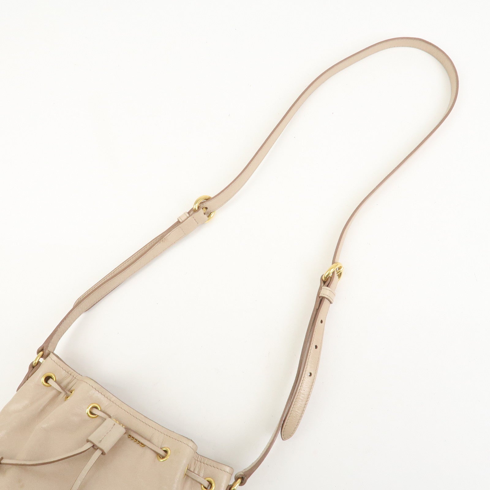 MIU MIU Logo Leather Drawstring Shoulder Bag Crossbody Bag Beige