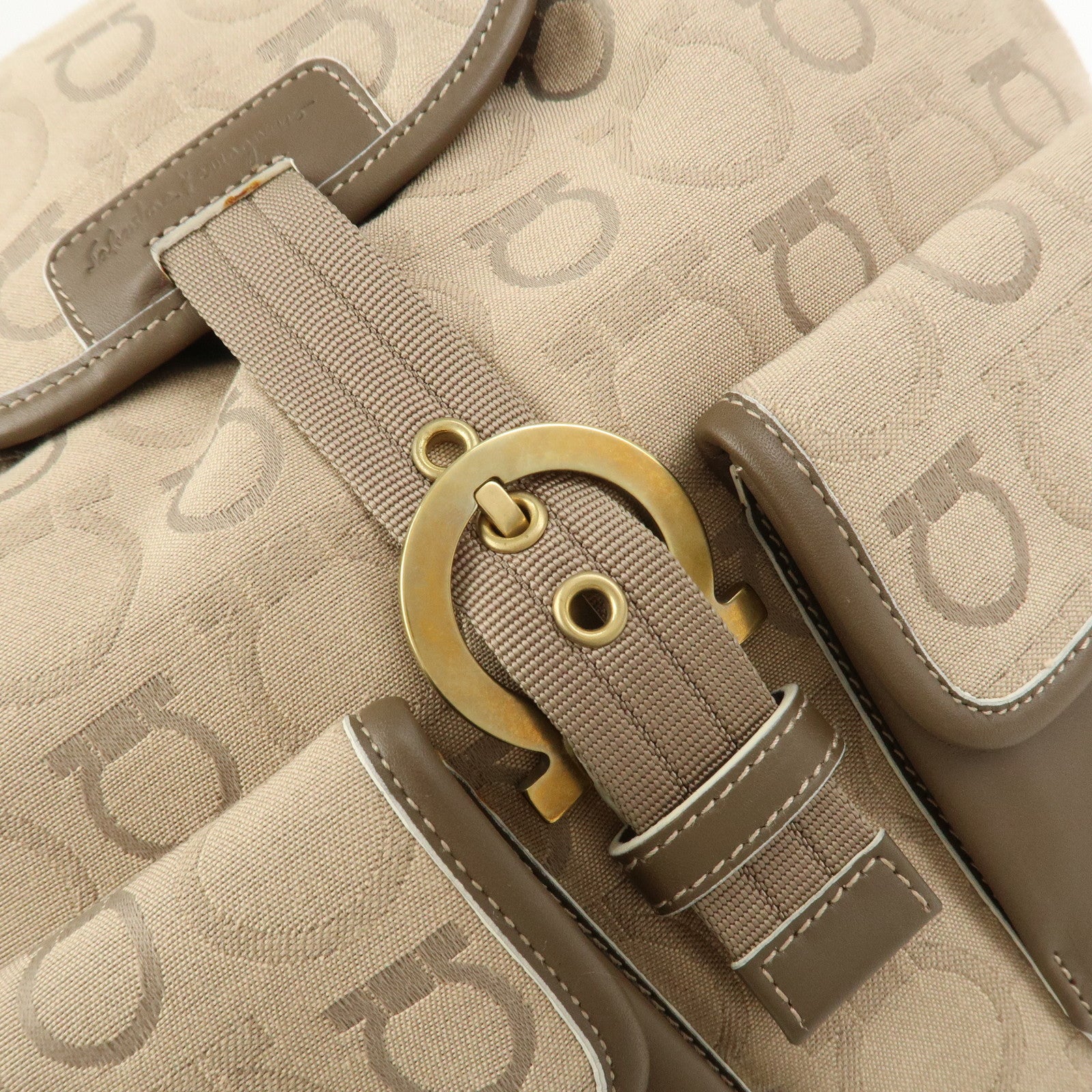 Ferragamo Gancini Canvas Leather Backpack Rucksuck Beige