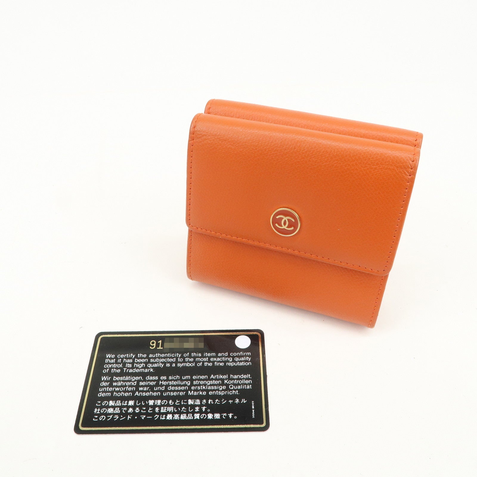 CHANEL COCO Button Leather W Hook Compact Wallet Orange A20902