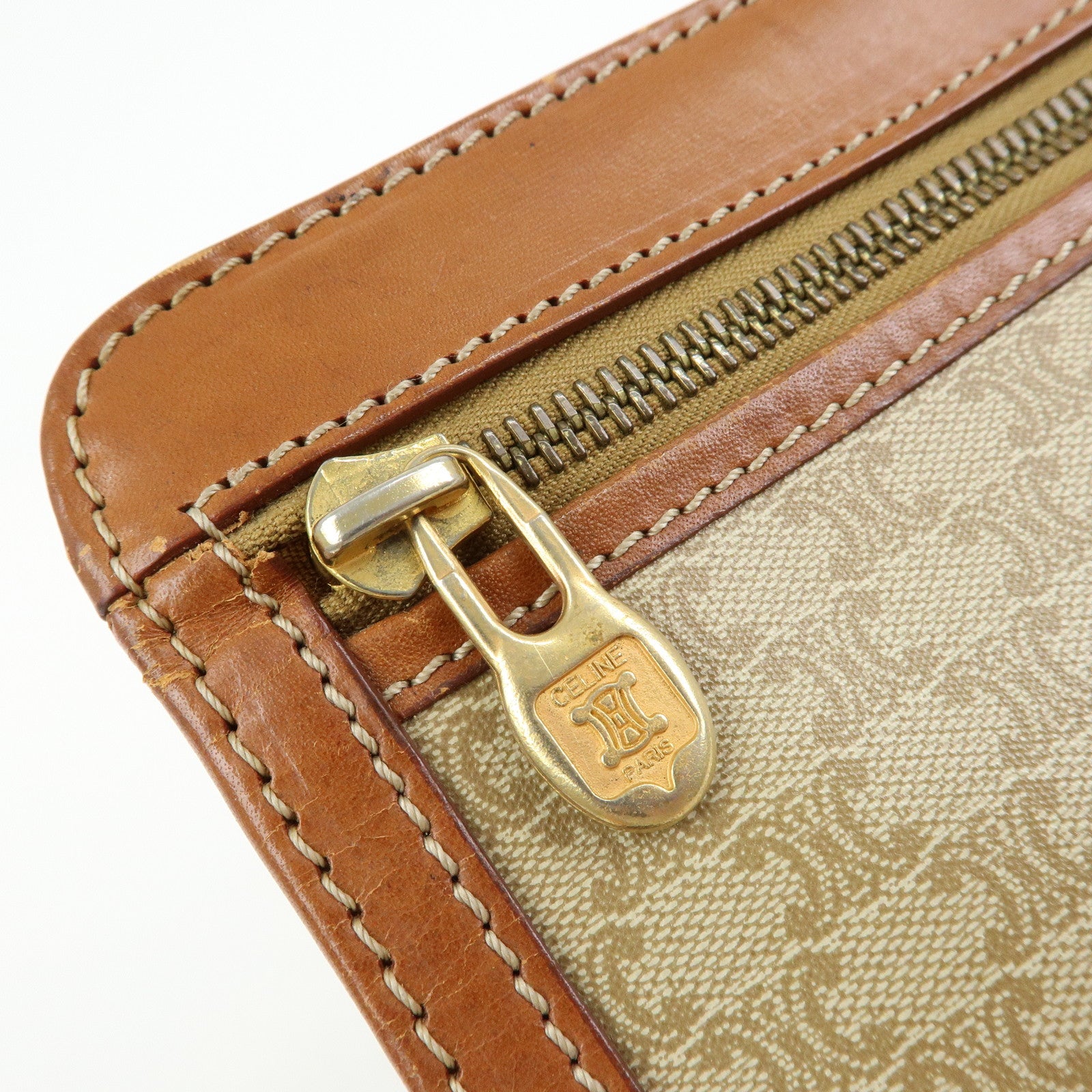CELINE Macadam PVC Leather Clutch Bag Pouch Beige Brown