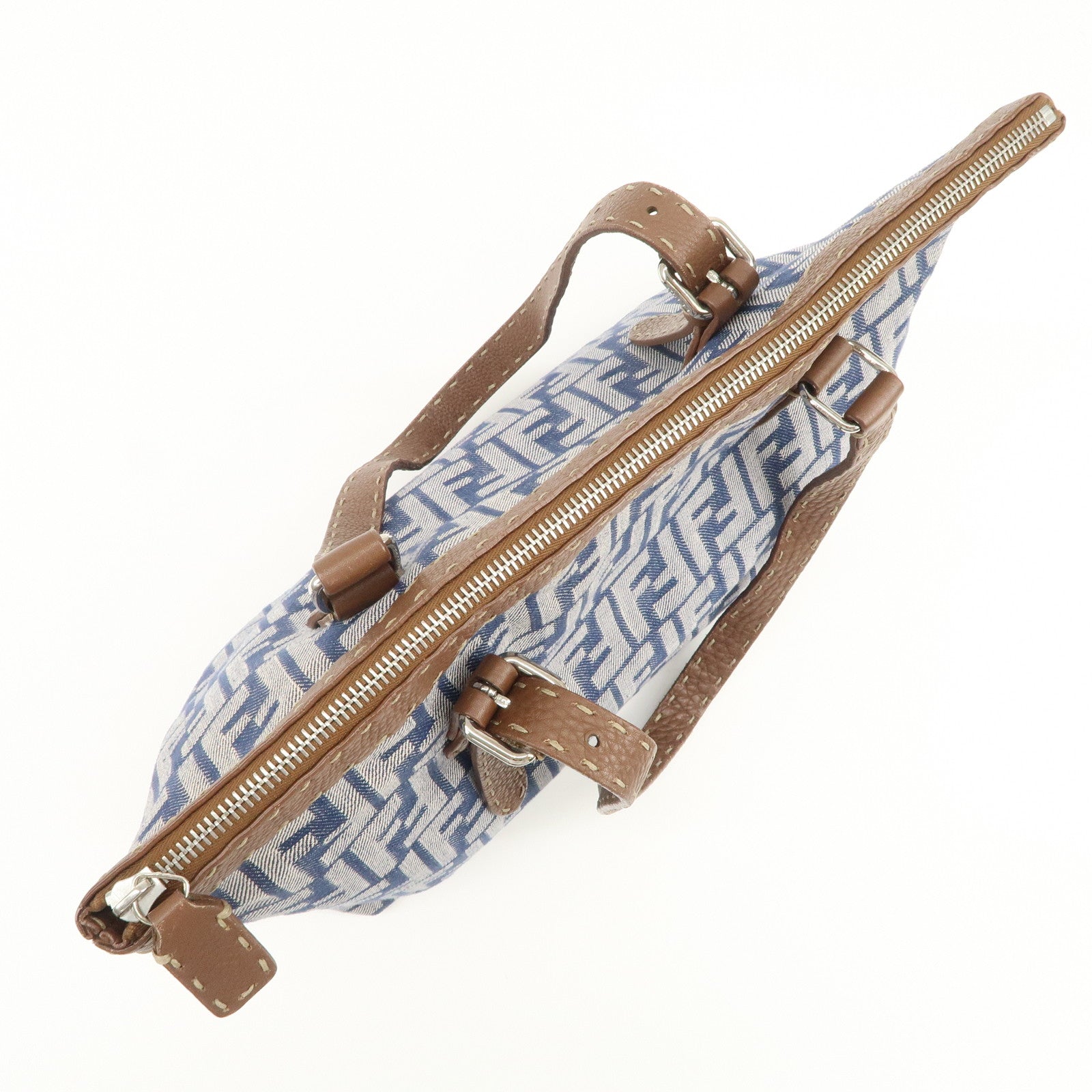 FENDI Zucca Seleria Denim Leather Tote Bag Hand Bag Blue 8BH179