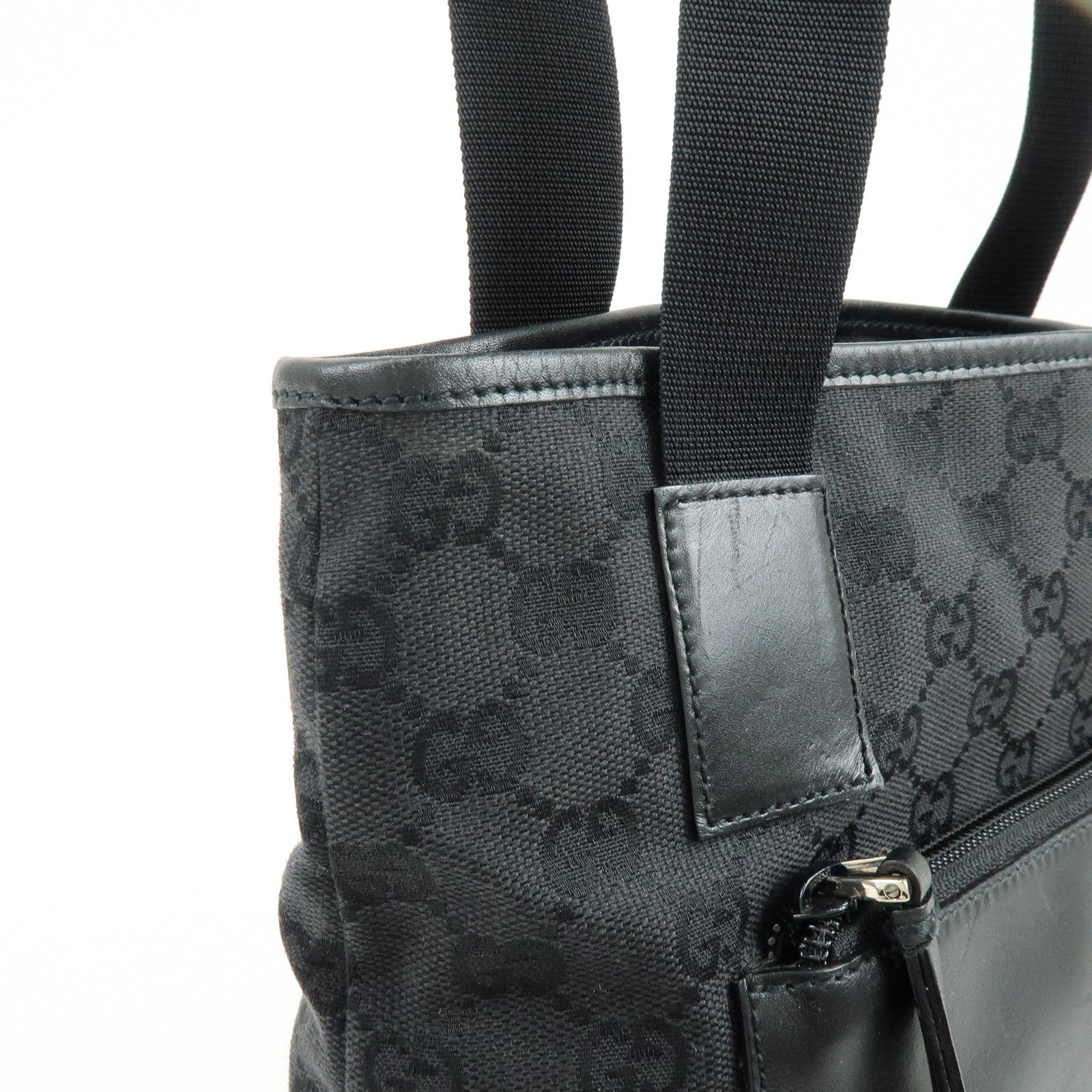 GUCCI GG Canvas Leather Tote Bag Shoulder Bag Black 28893