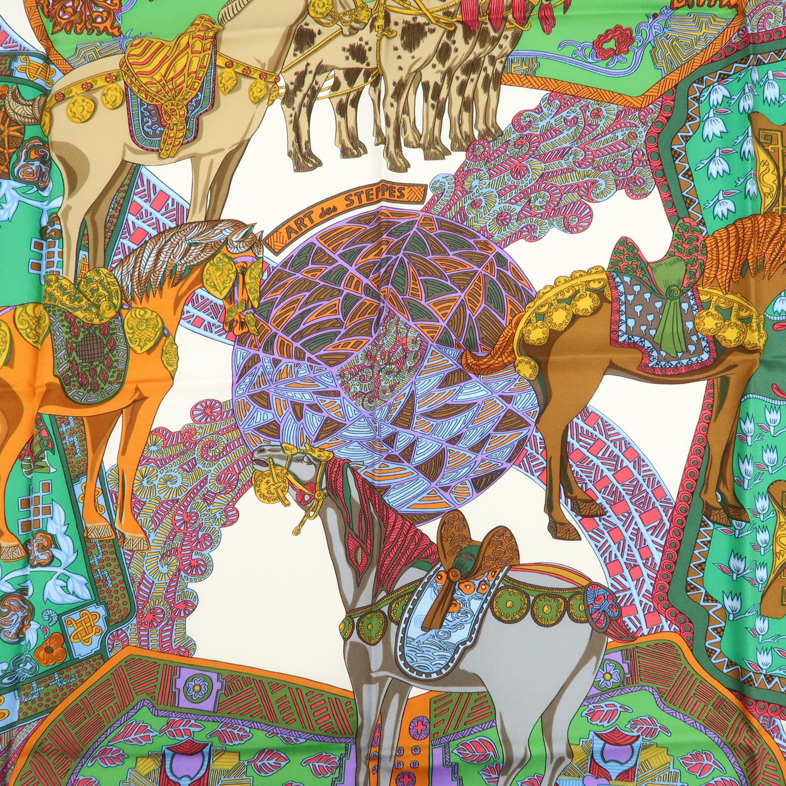 HERMES HERMES Carre 90 Silk 100% Scarf ART des STEPPES Navy