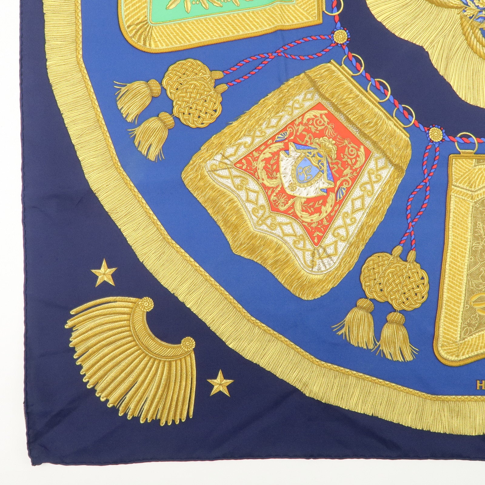 HHERMES Carre 90 Silk 100% Scarf Poste et Cavalerie Navy Gold