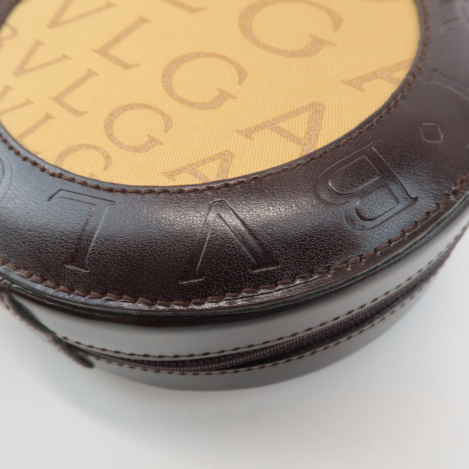 BVLGARI Logo Mania Canvas Leather B-Zero1 Drum Shoulder Bag Brown Used