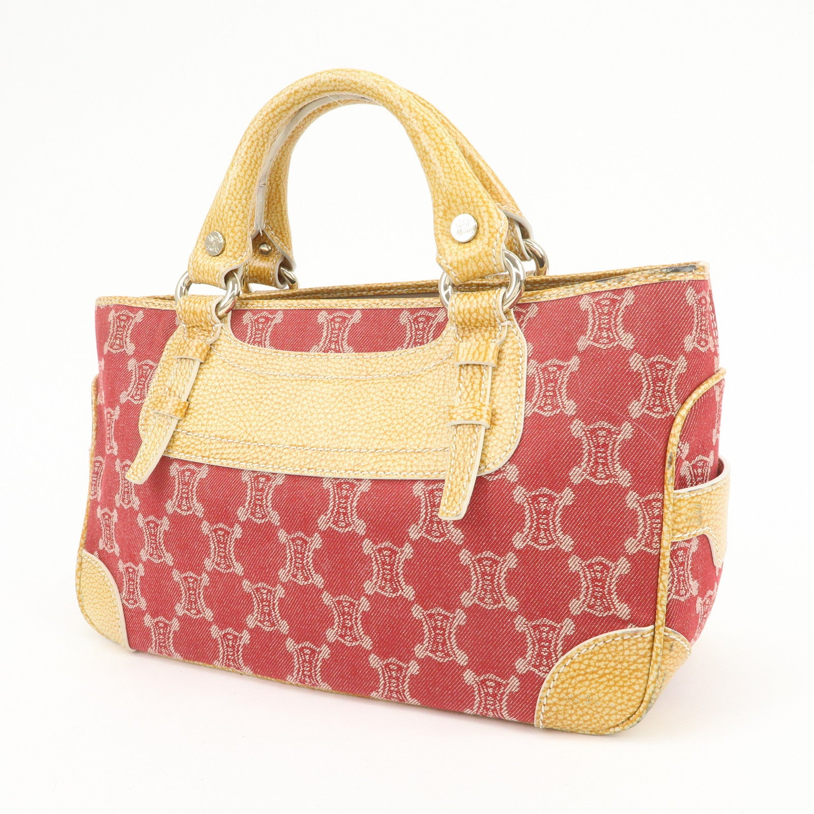 CELINE Macadam Boogie Canvas Leather Hand Bag Red Beige
