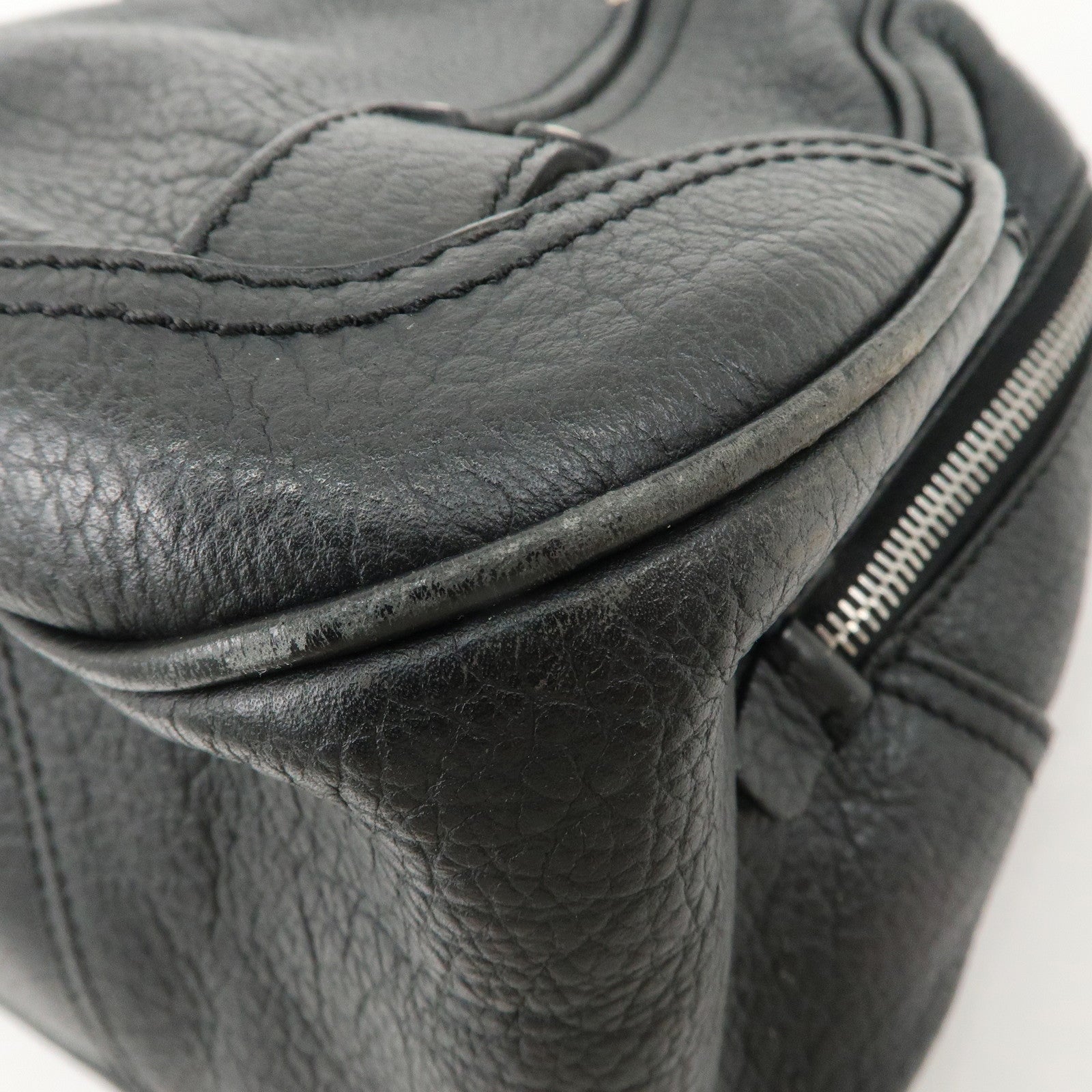 CELINE Leather Boston Bag Hand Bag Black Silver Hardware Used