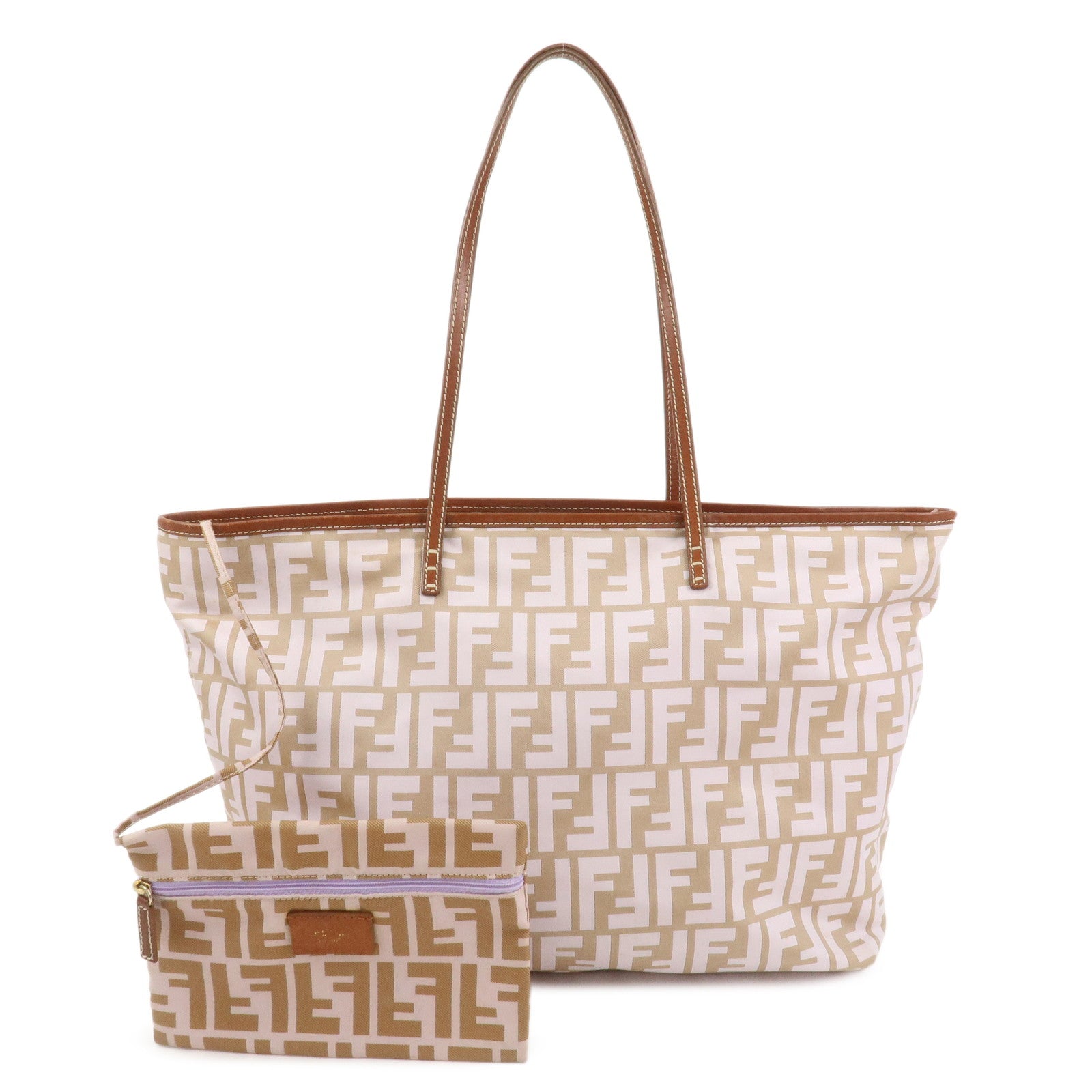 FENDI Zucca Nylon Leather Tote Bag Shoulder Bag Brown Pink 8BH185