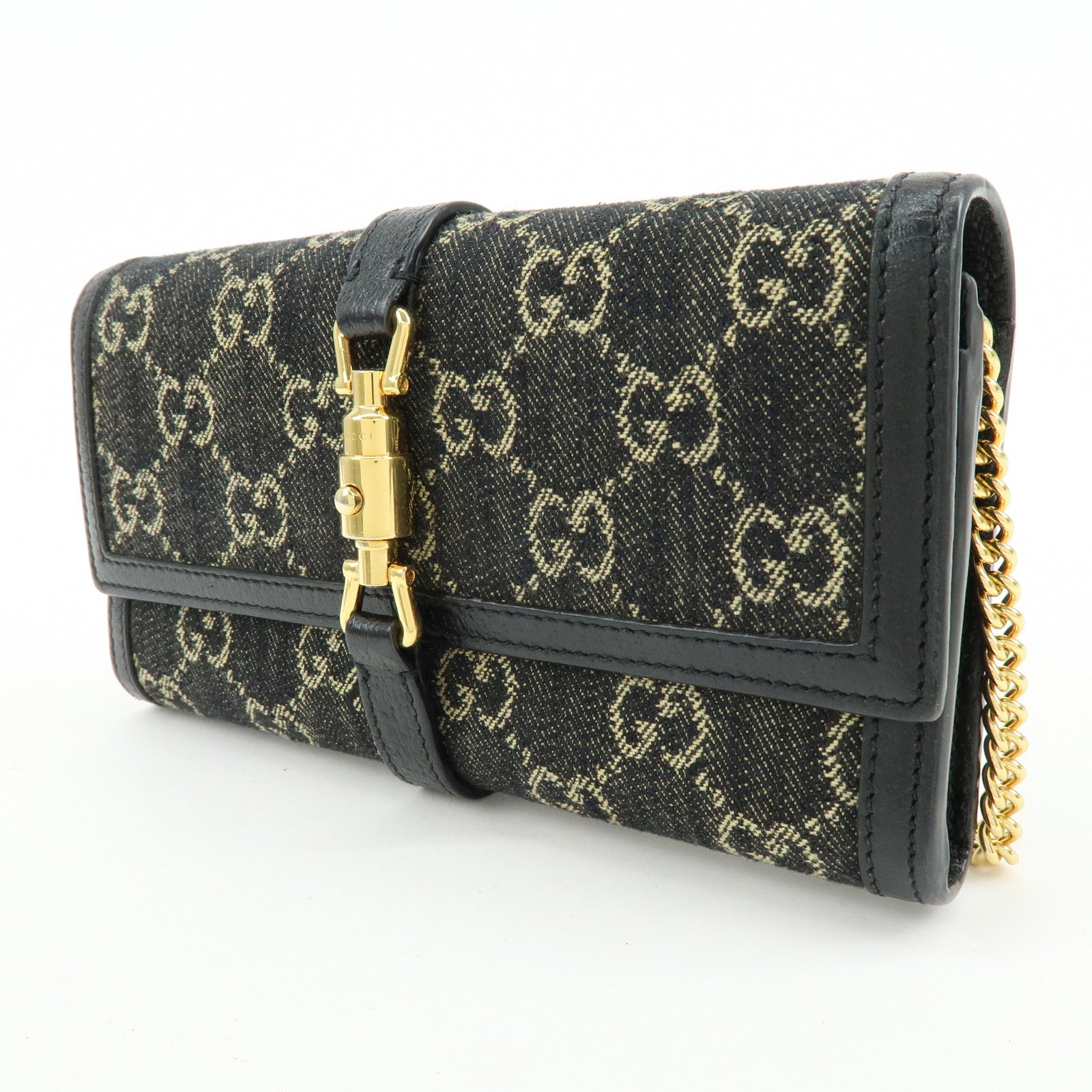 GUCCI Jackie 1961 GG Denim Calf Leather Chain Wallet 652681.0416