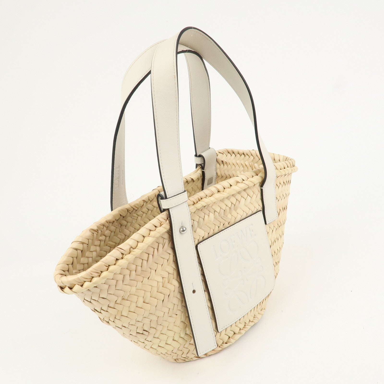 LOEWE Raffia Leather Small Basket Bag Hand Bag Natural White