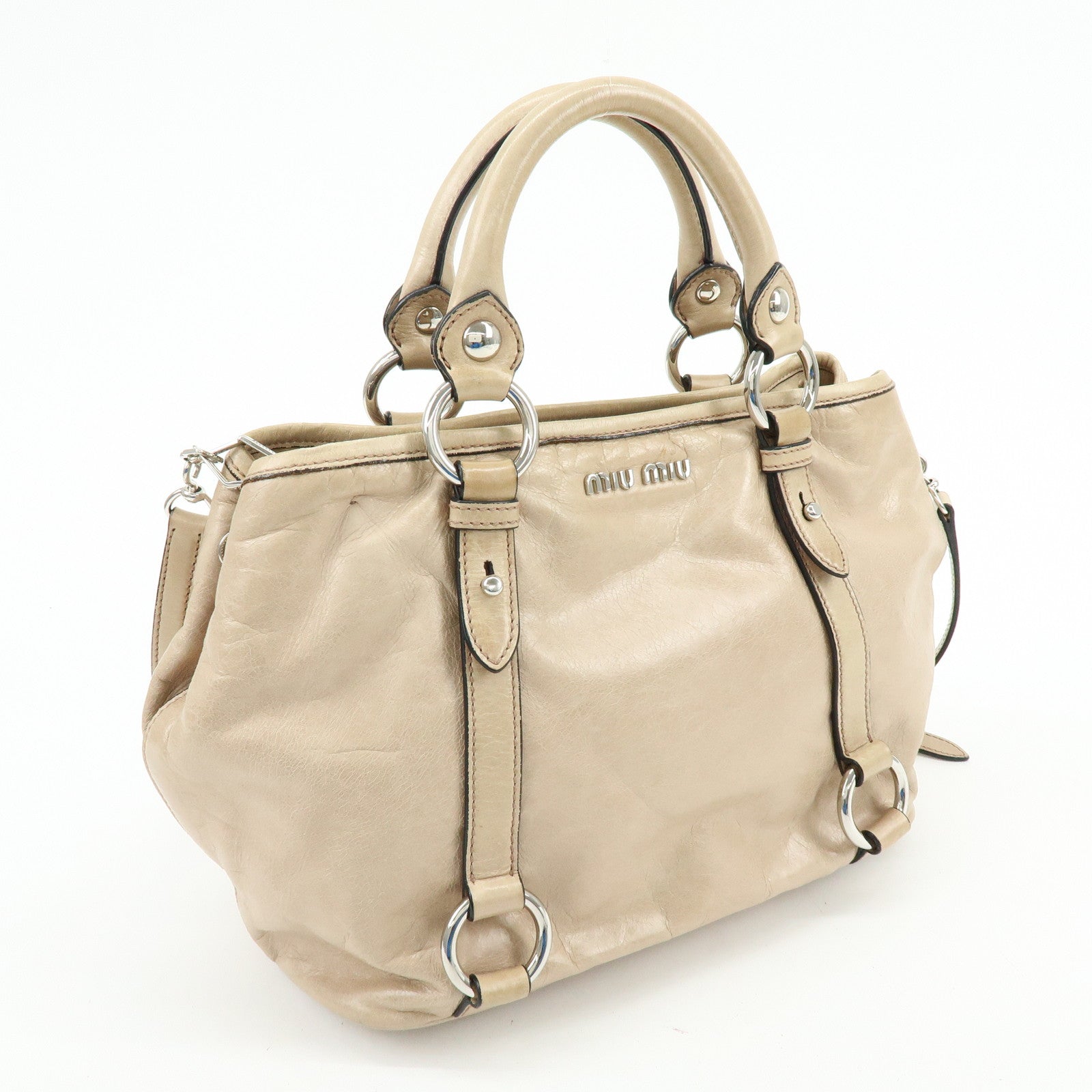 MIU MIU Leather 2Way Bag Hand Bag Shoulder Bag Beige RN0685