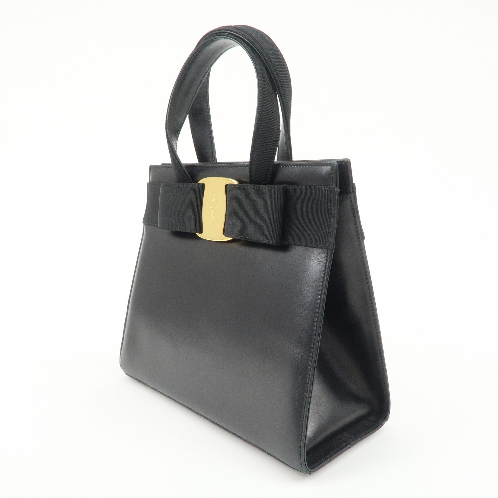 Ferragamo Vara Ribbon Leather Hand Bag Black Gold HDW