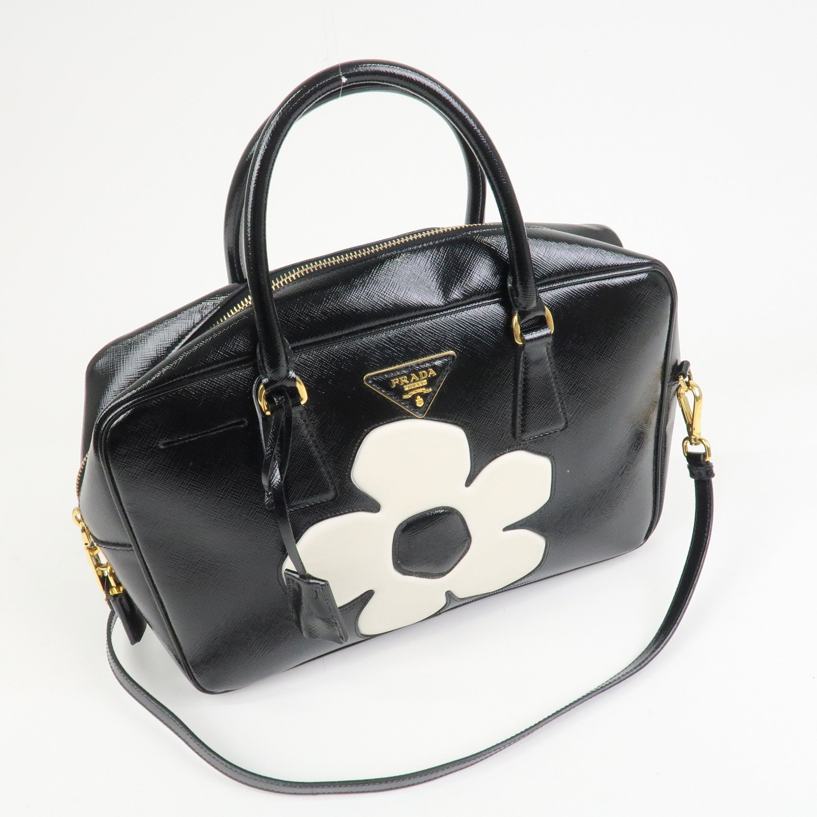 PRADA Flower Saffiano Leather 2Way Bag Hand Bag Black BL095M