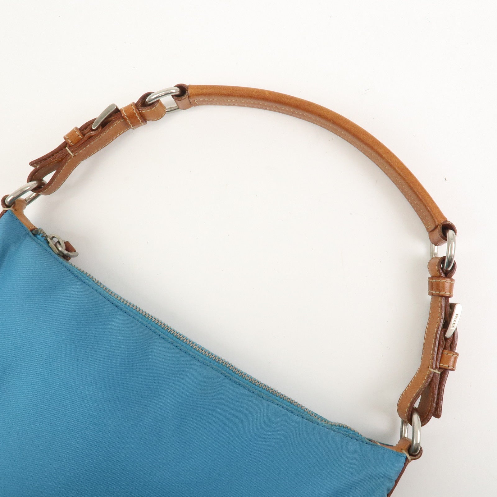 PRADA Triangle Logo Nylon Leather Shoulder Bag Blue Brown BR2205