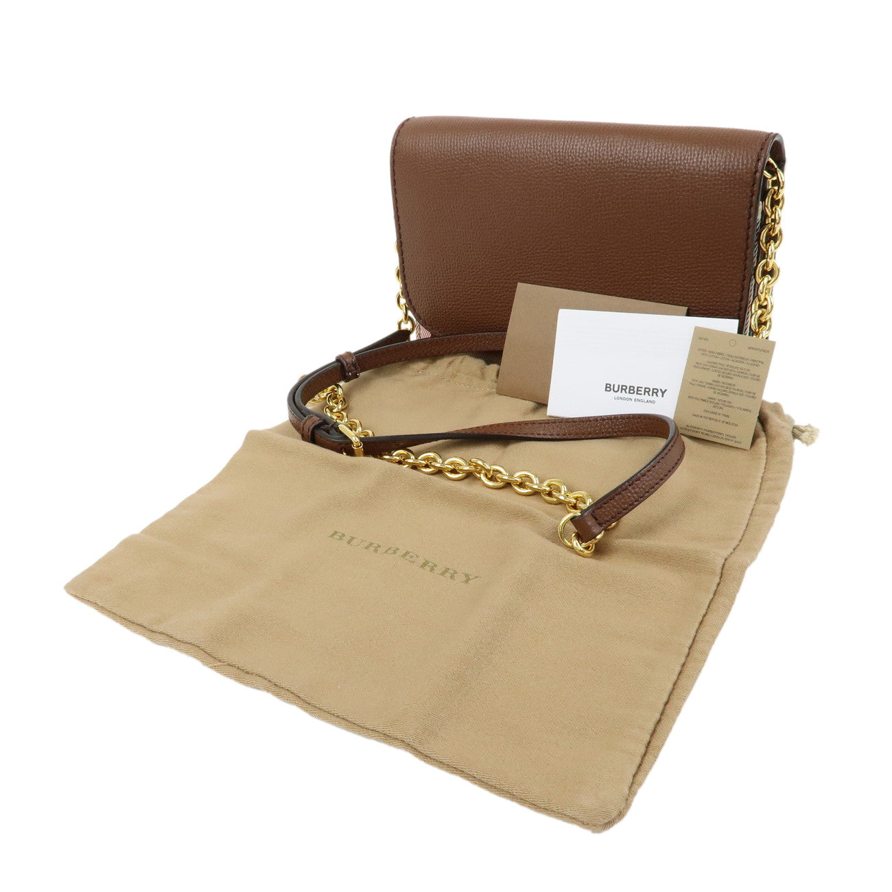 BURBERRY Nova Plaid Leather Canvas Chain Shoulder Bag Brown Beige
