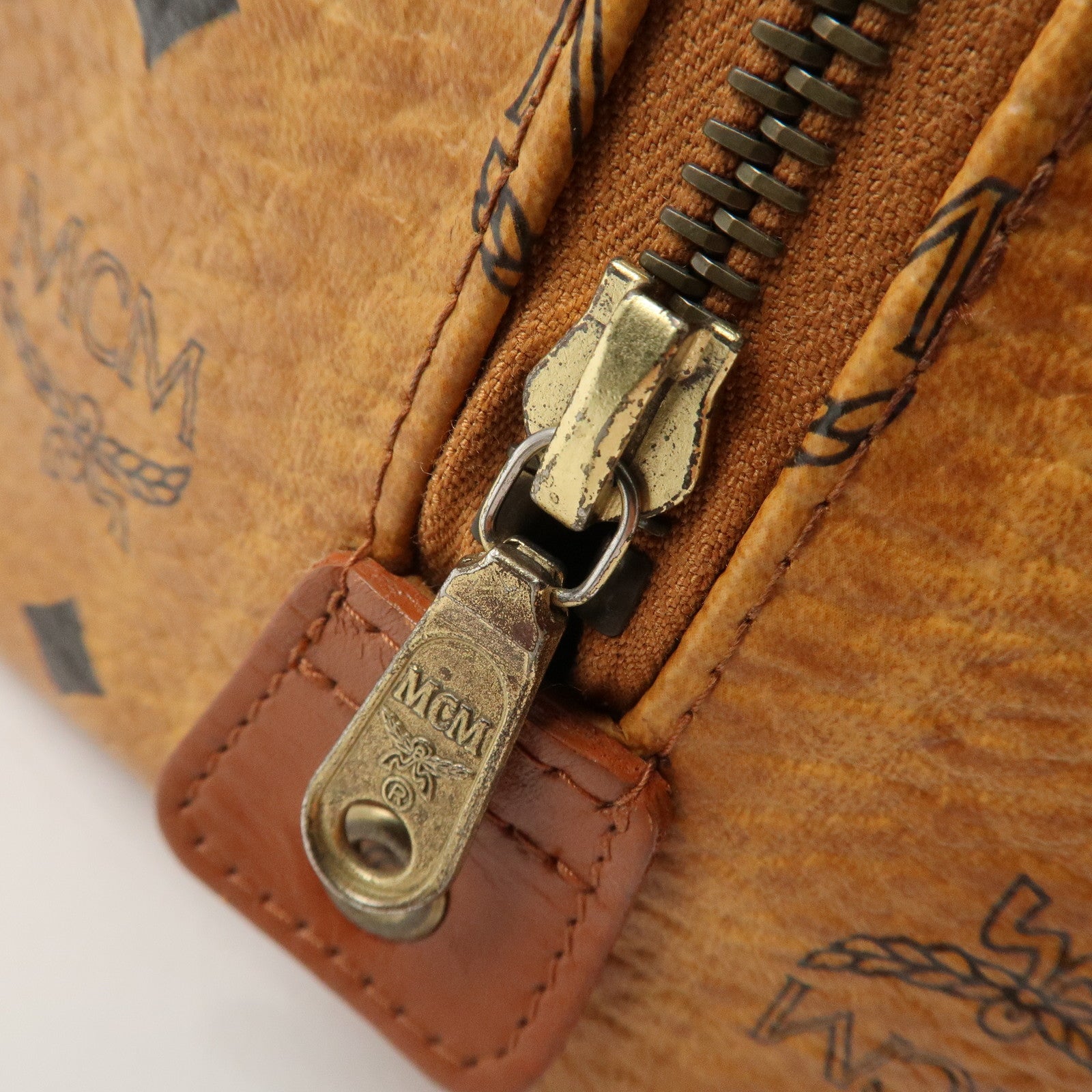 MCM Visetos Leather Boston Bag Hand Bag Brown Gold Hardware Used