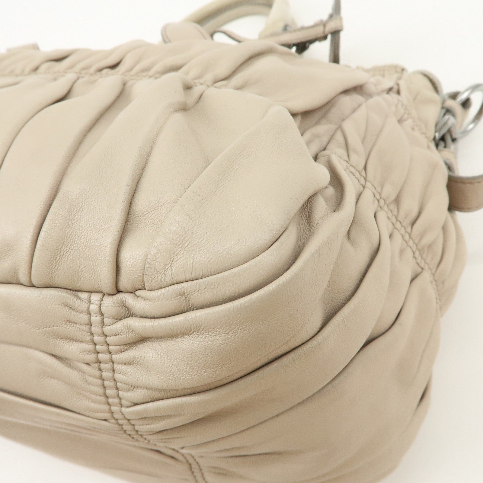 PRADA Logo Leather Gathered 2Way Hand Bag Beige BN1336