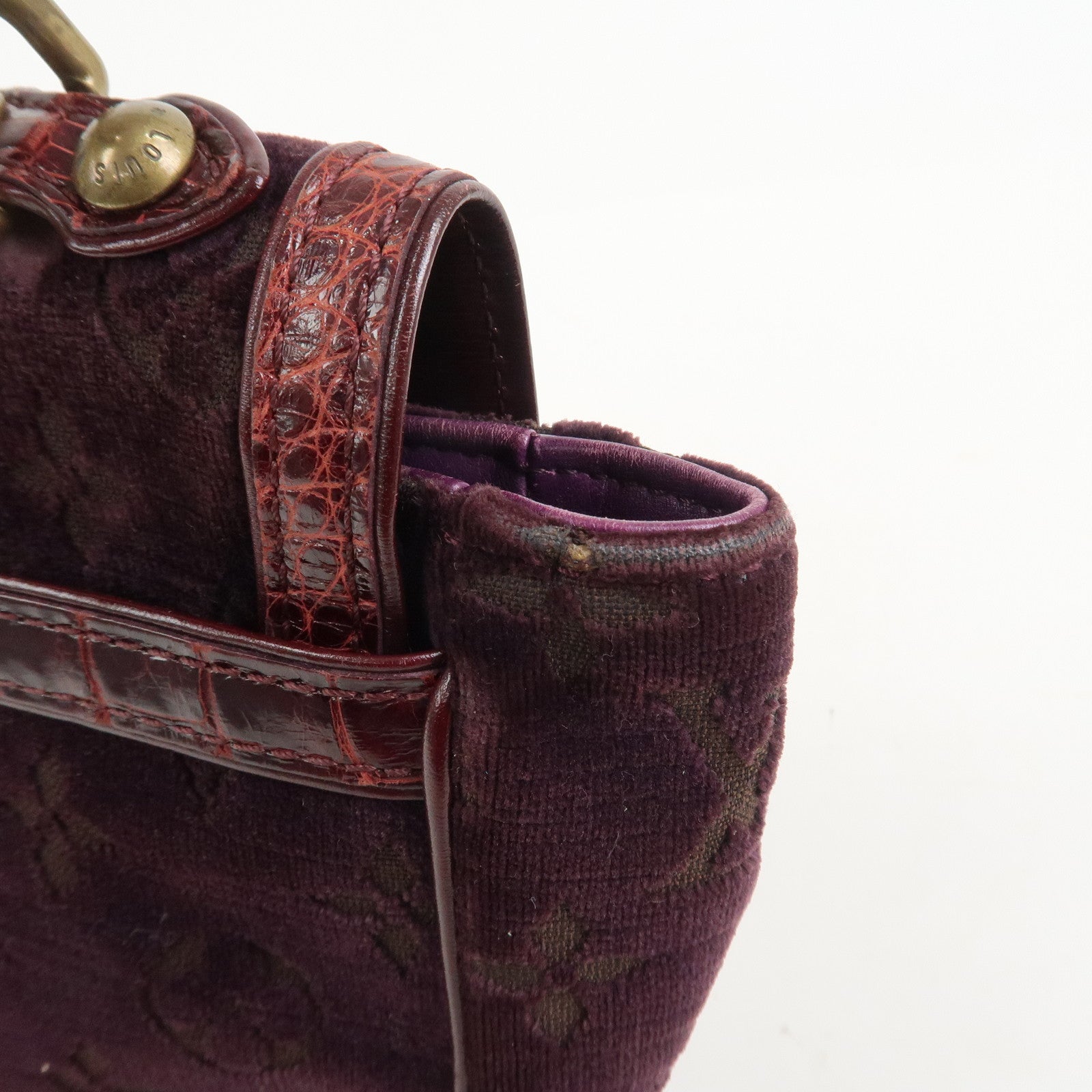 Louis Vuitton Monogram Vleur Velvet Leather Hand Bag Burgundy