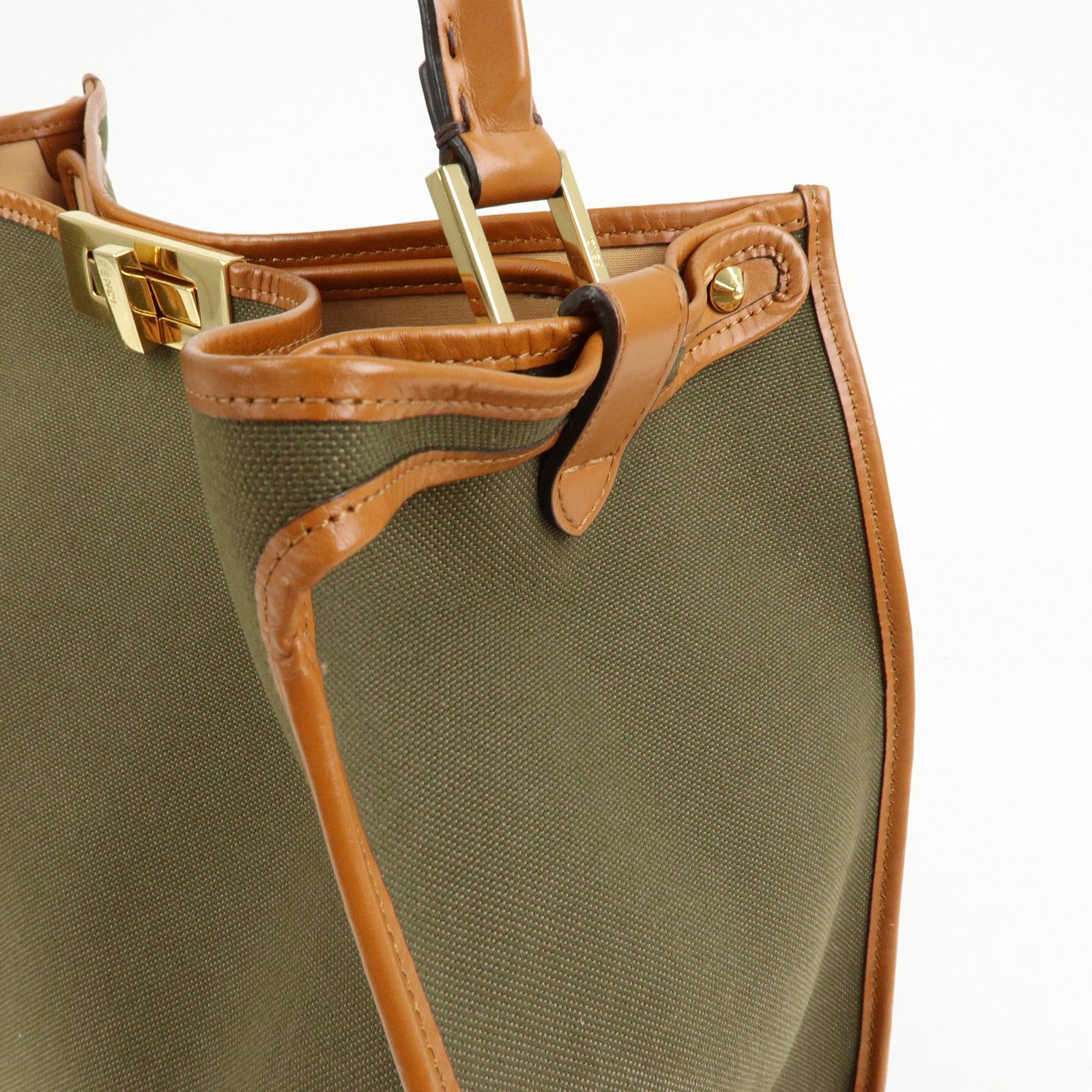 FENDI Peekaoo Canvas Leather Hand Bag Khaki Brown 8BN304