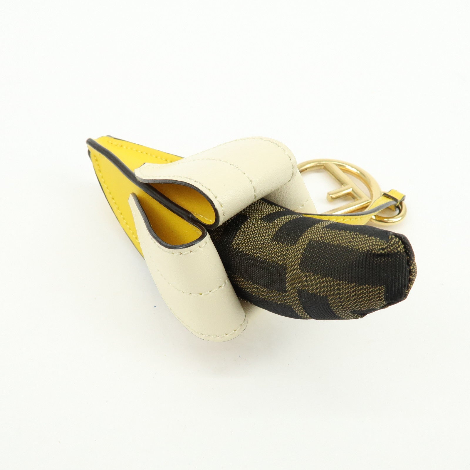 FENDI Zucca Canvas Leather Bag Charm Key Chain Yellow Brown 7AR671