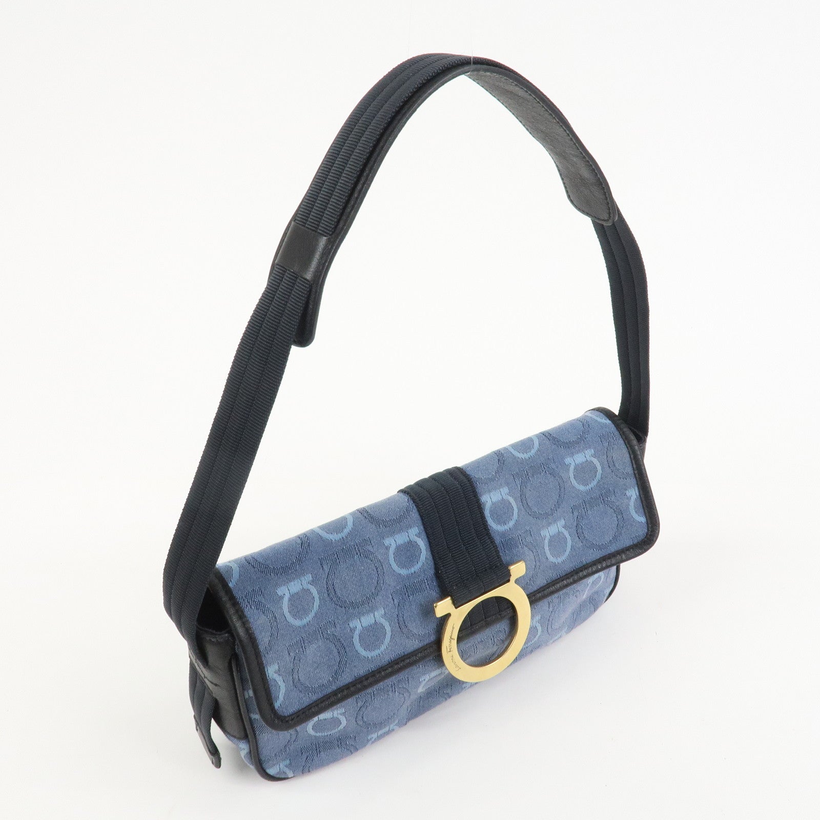 Ferragamo Gancini Canvas Leather Shoulder Bag Navy Black