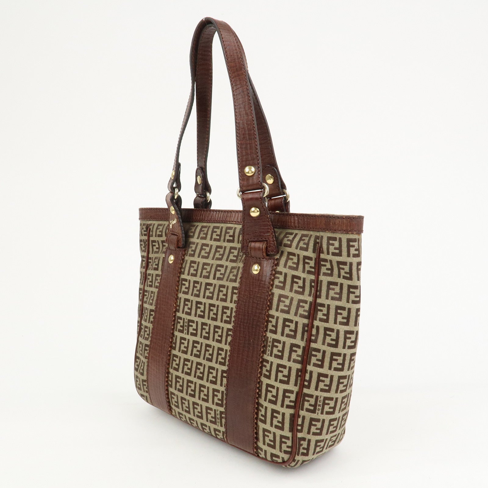 FENDI Zucchino Canvas Leather Tote Bag Shoulder Bag Brown 8BH161