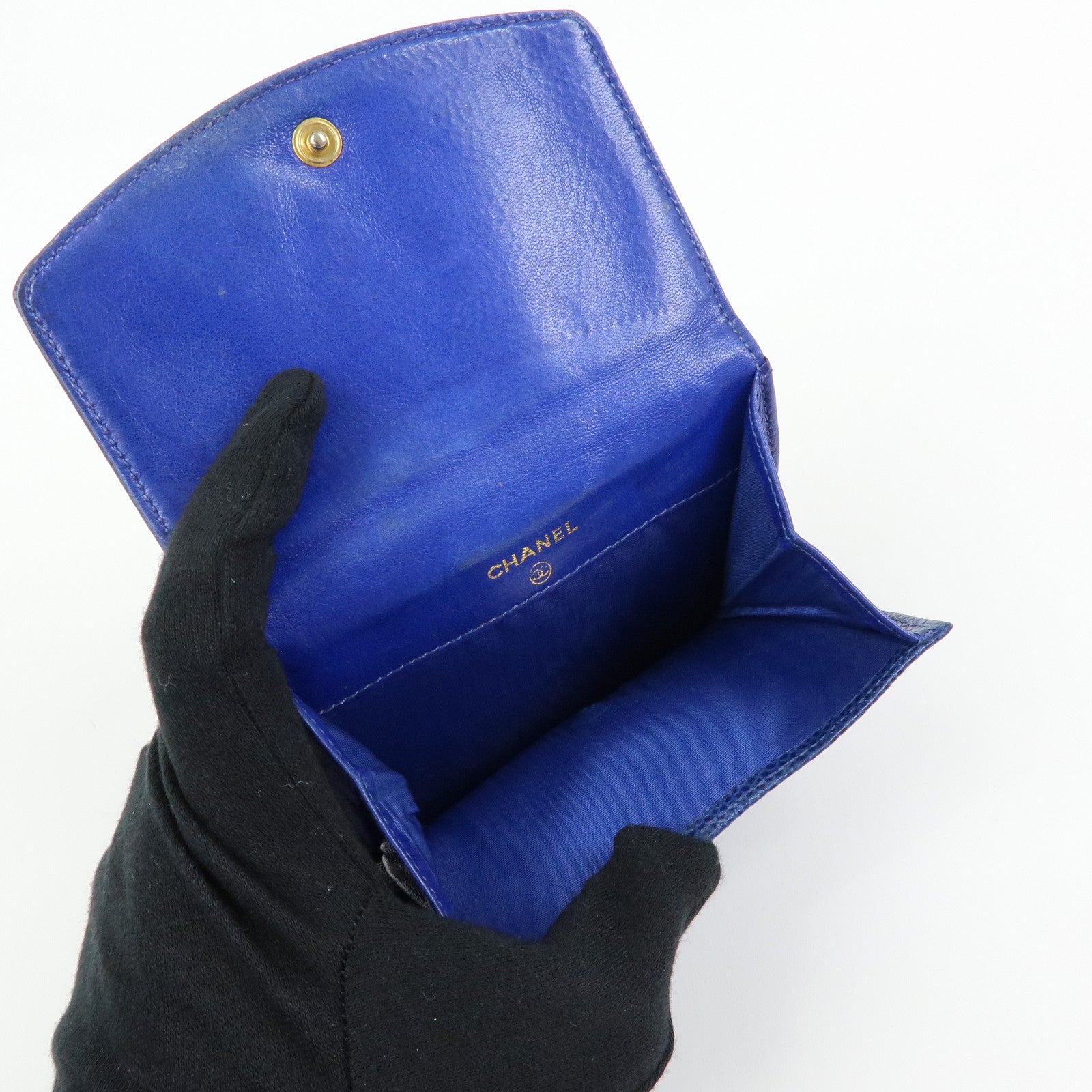 CHANEL COCO Mark Caviarskin W Hook Compact Wallet Navy A01427