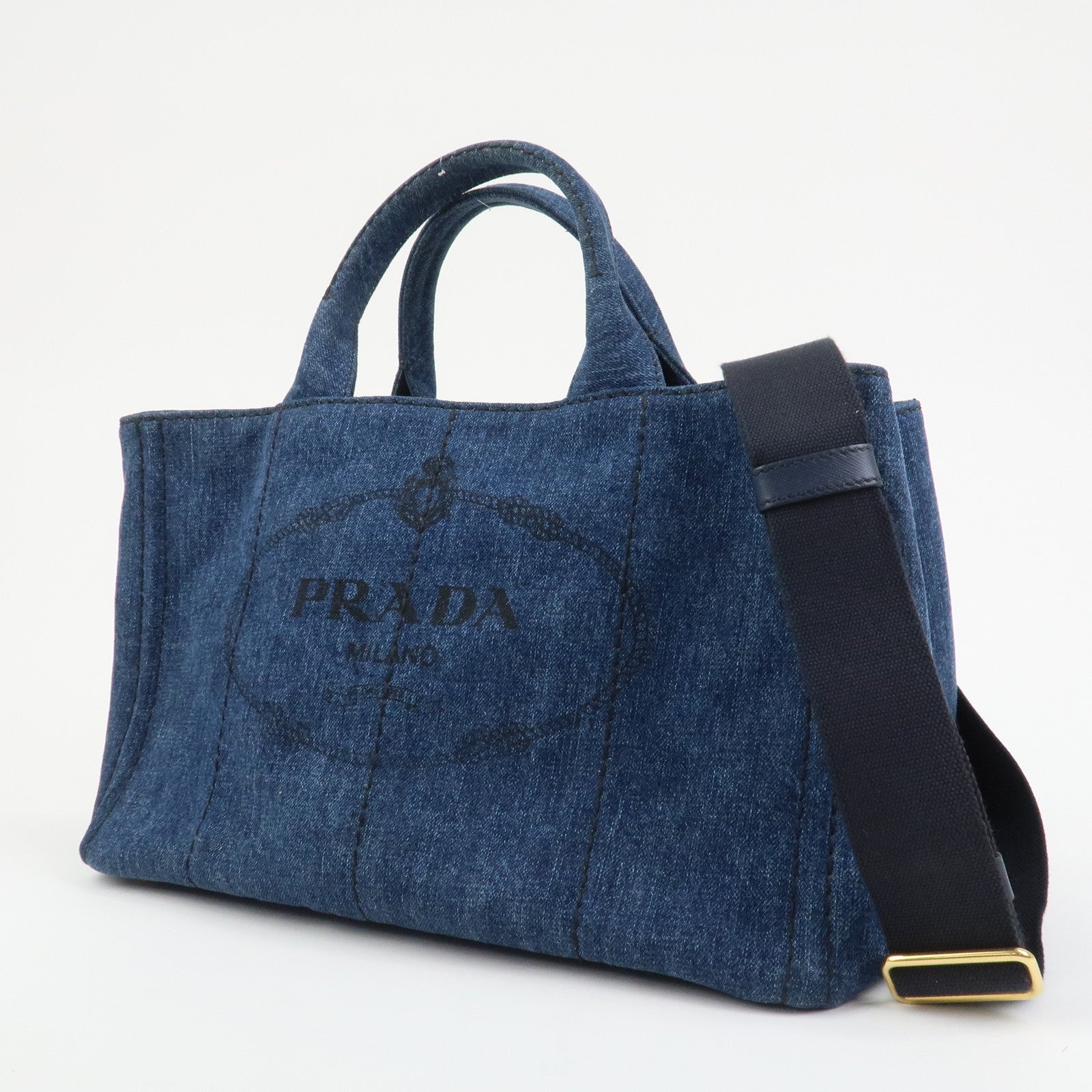 PRADA Logo Canapa Canvas Denim 2way Bag Hand Bag Blue B1877B