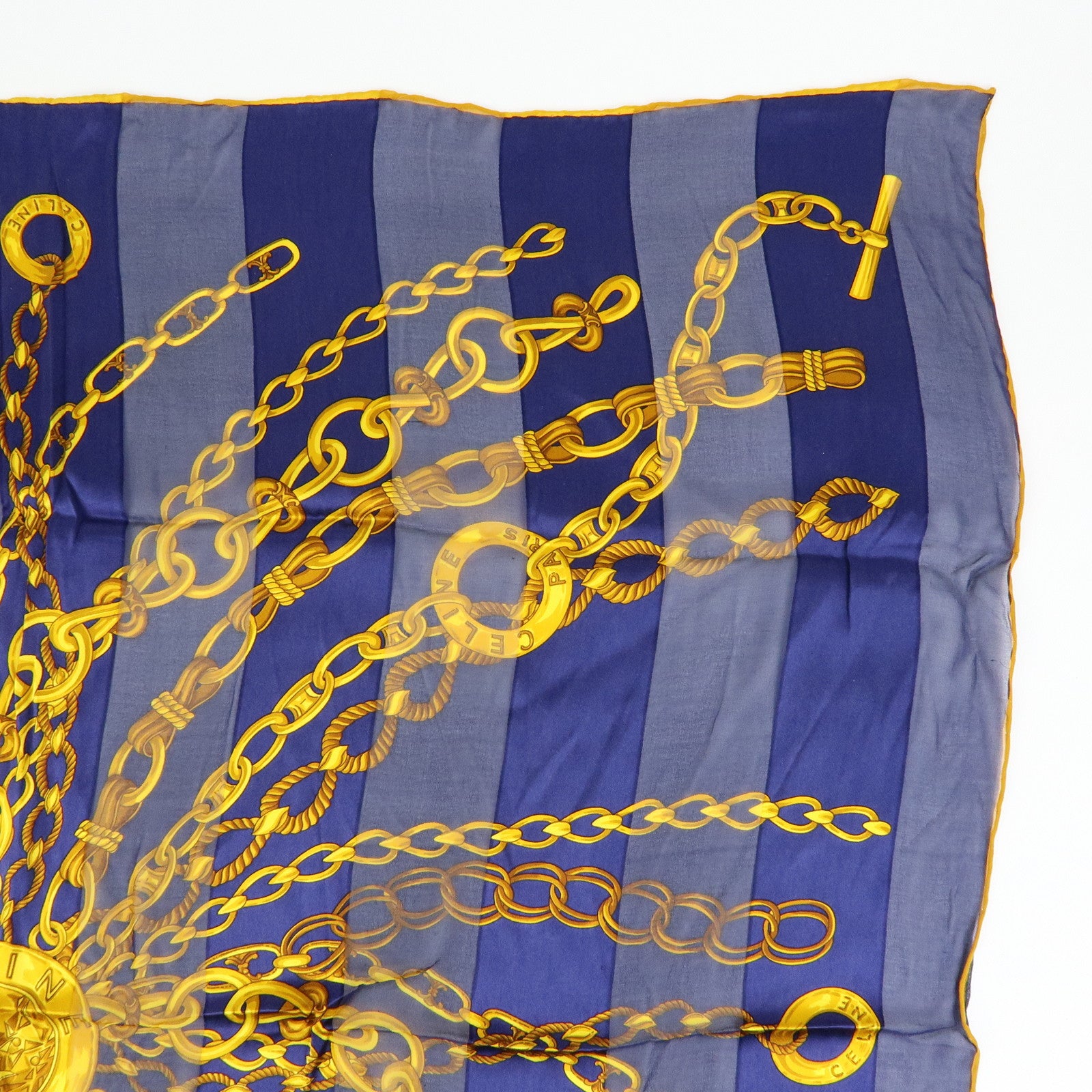 CELINE Silk 100% Chiffon Scarf Gold Chain Motif Navy Gold