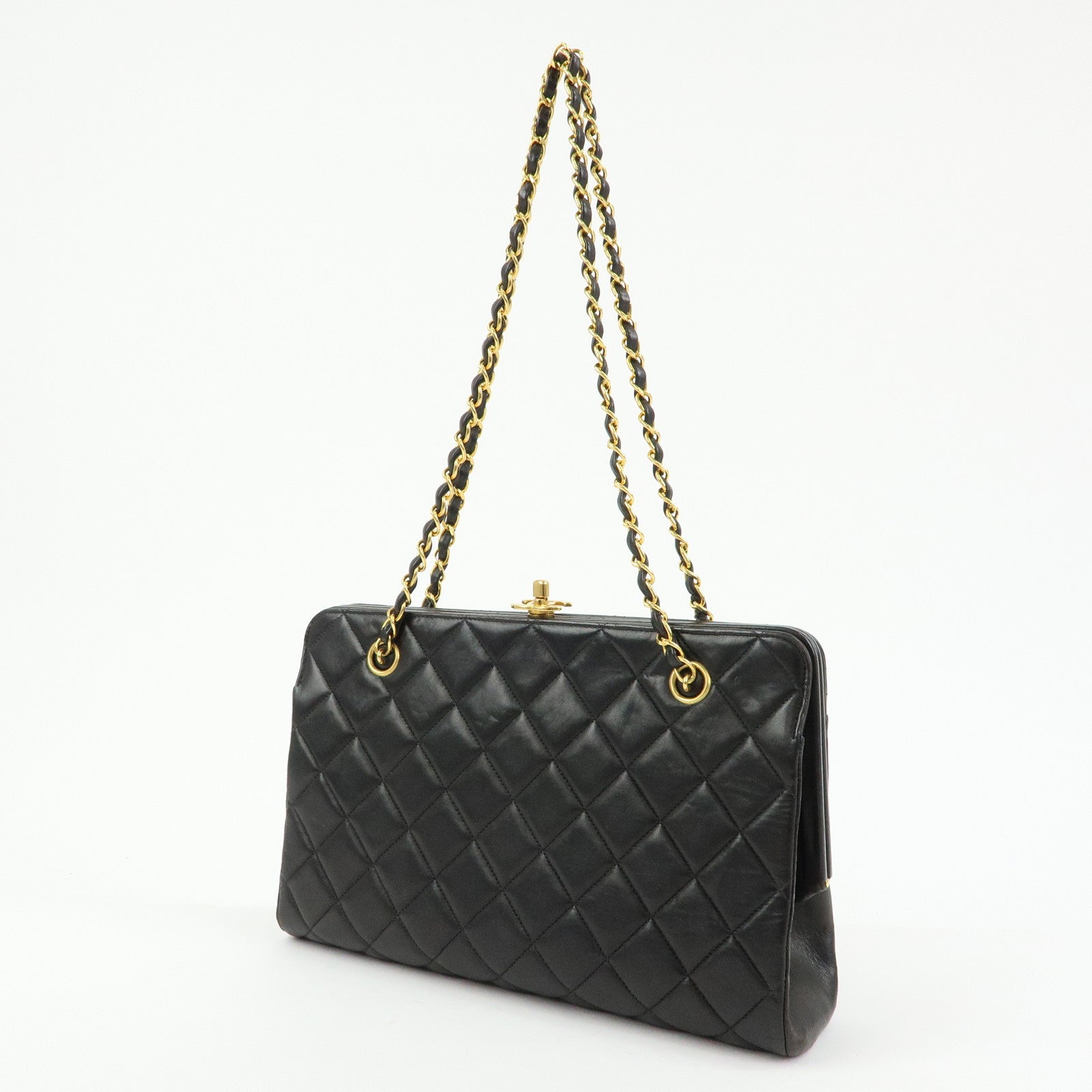 CHANEL Matelasse Lamb Skin Chain Kiss Lock Shoulder Bag Black Gold