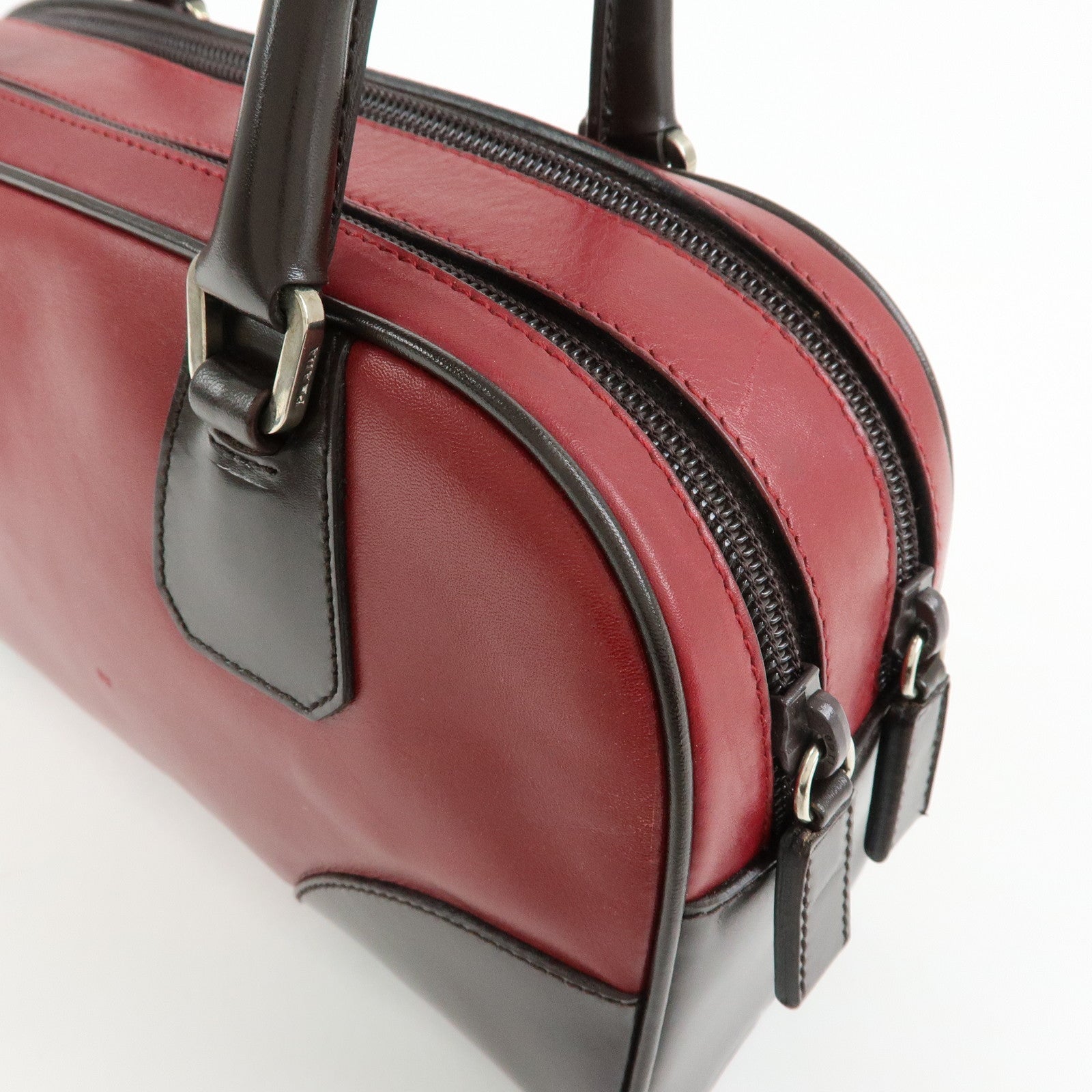 PRADA Leather Bicolor Hand Bag Mini Boston Bag Red Brown