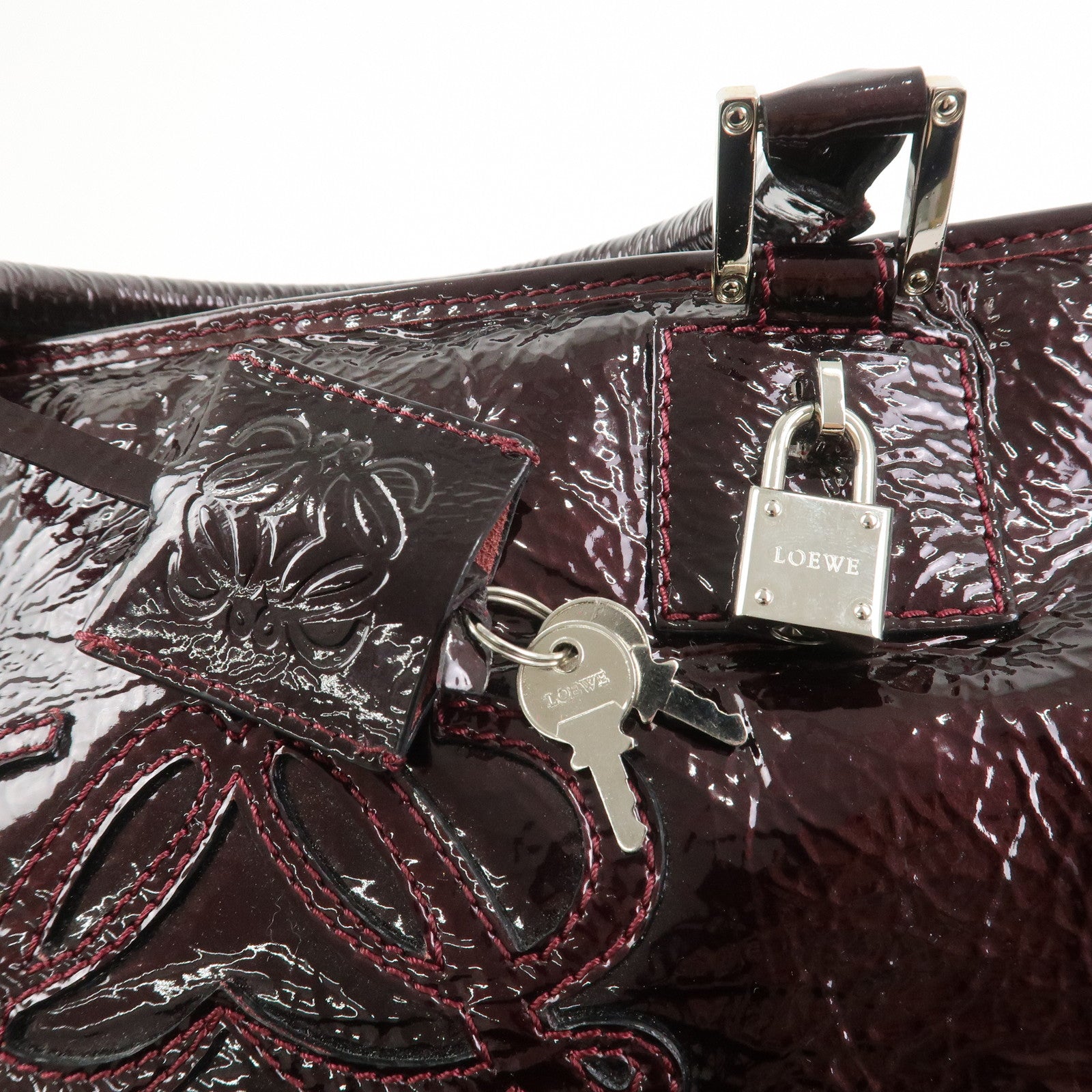 LOEWE Amazona Patent Leather Hand Bag Burgundy