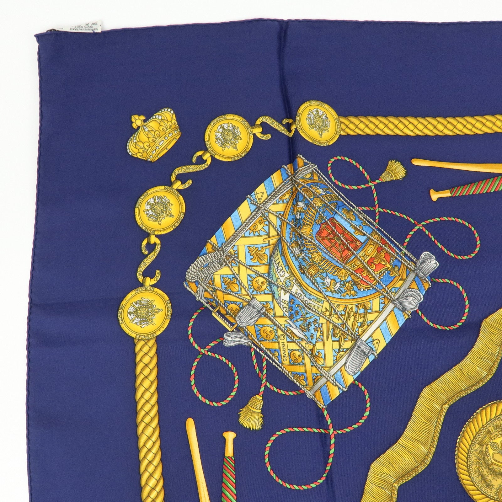 HERMES Carre 90 Silk 100% Scarf LES TAMBOURS Navy Yellow