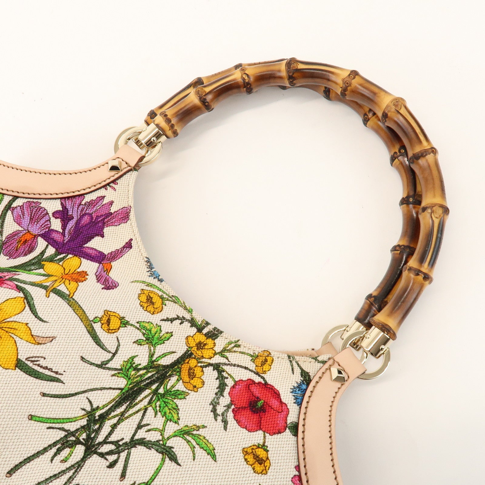 GUCCI Bamboo Flora Canvas Leather Hand Bag Multicolor Beige 137395