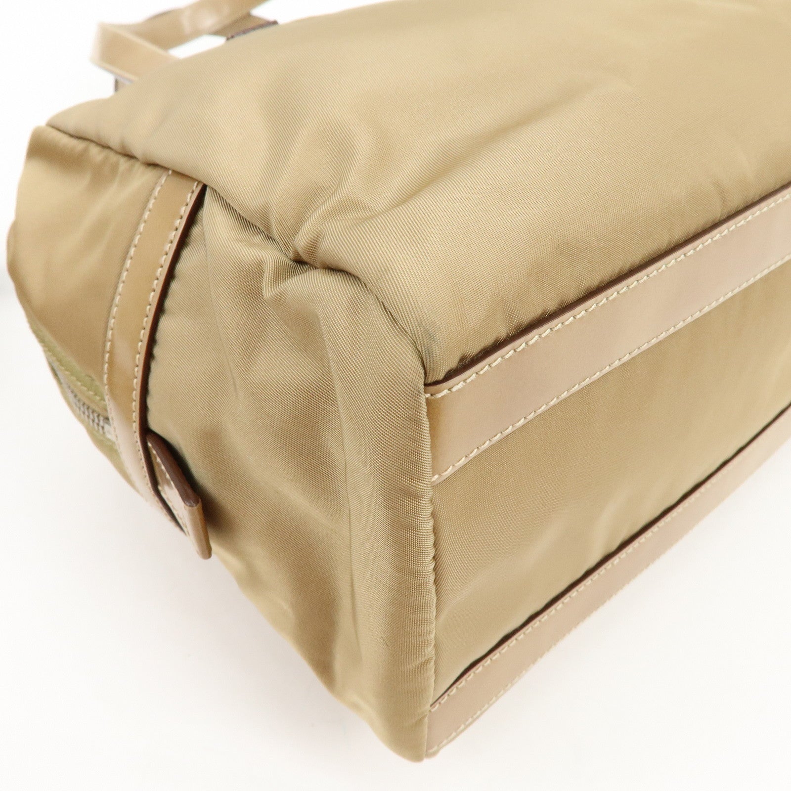 PRADA Logo Nylon Leather Shoulder Bag Boston Bag Beige BR3150