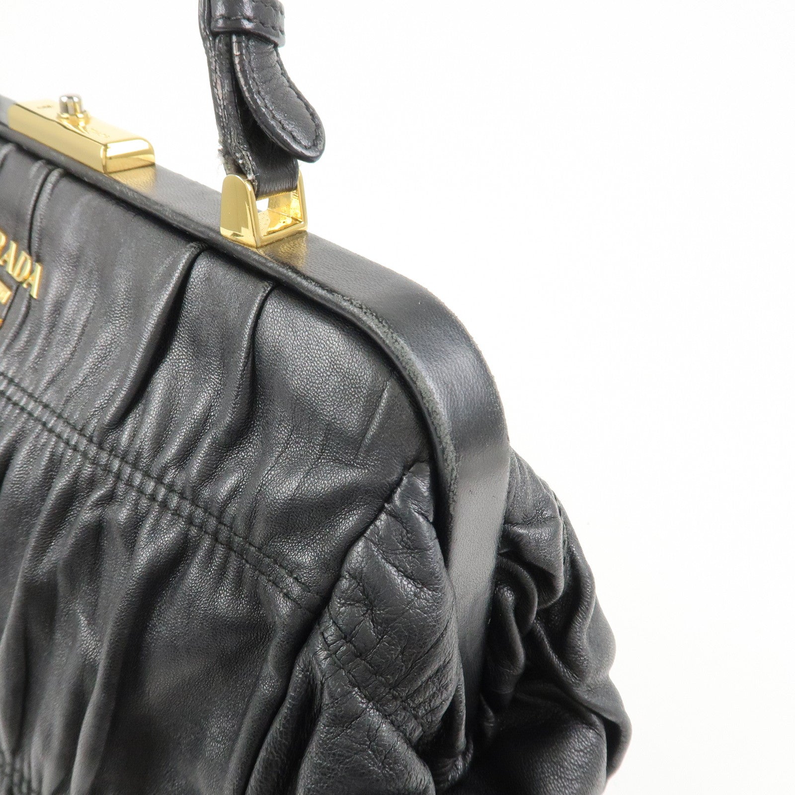 PRADA Logo Nappa Leather Gathered Shoulder Bag Hand Bag Black