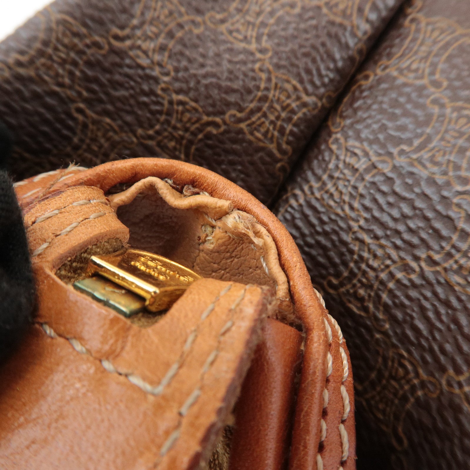 CELINE Macadam PVC Leather Canvas Pouch Brown Gold Hardware