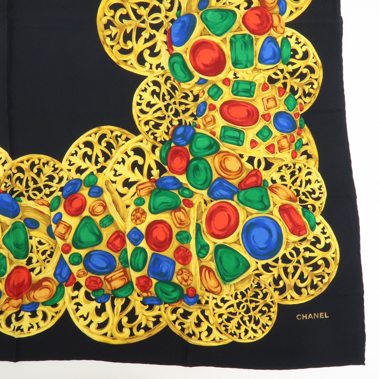 CHANEL Jewelry Motif Silk 100% Scarf Black Yellow Multicolor