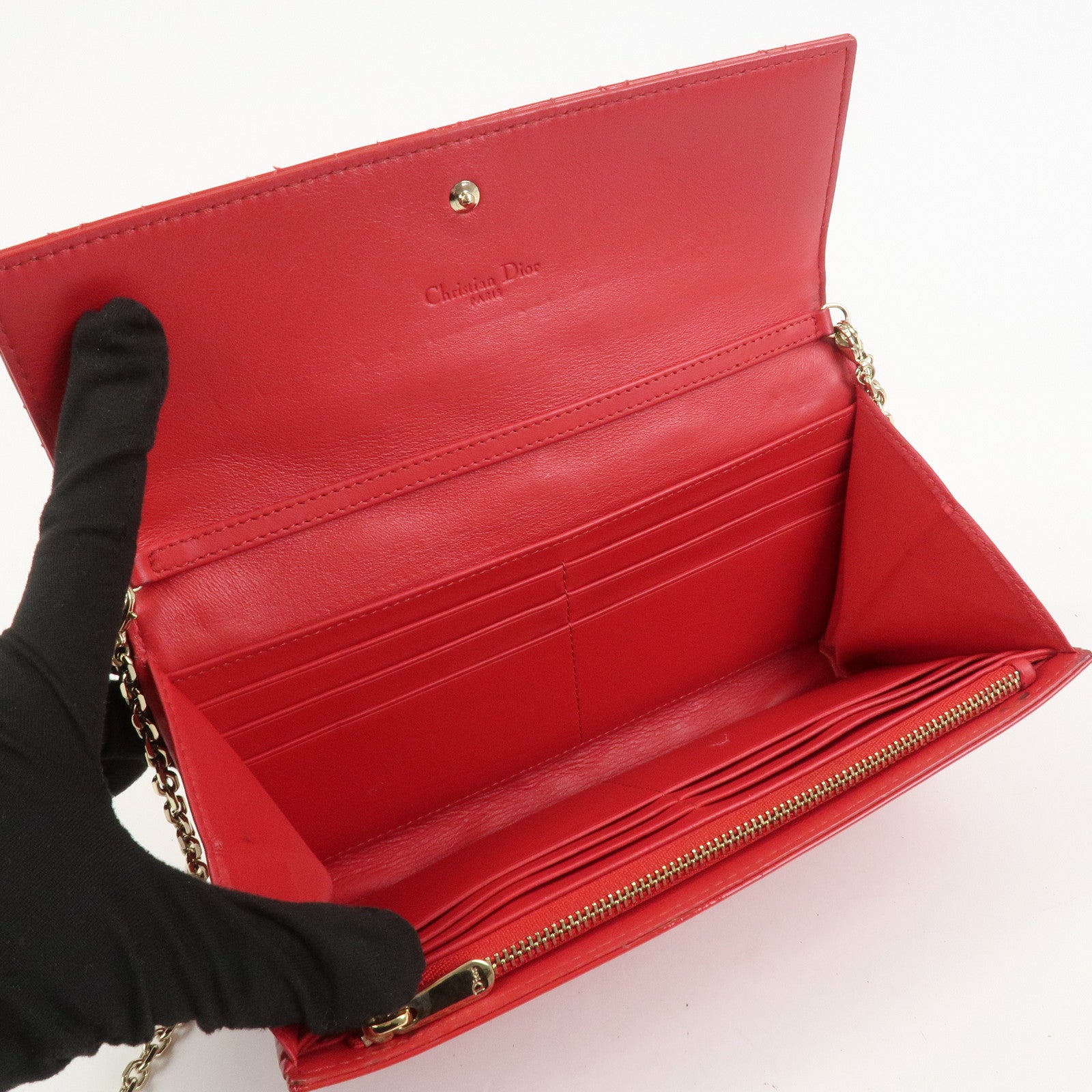 Christian Dior Cannage Patent Leather Chain Long Wallet WOC Red