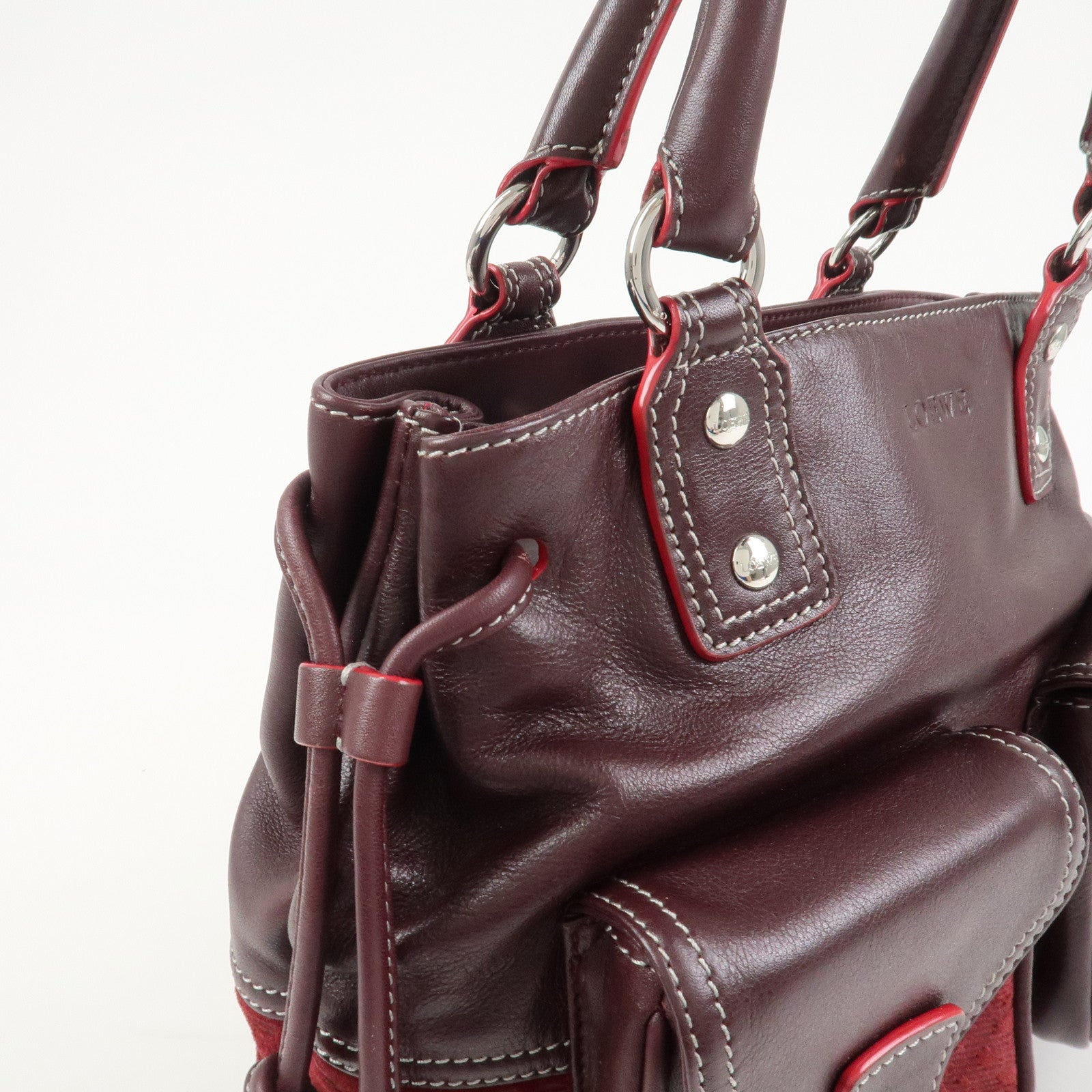 LOEWE Anagram Logo Leather Suede Hand Bag Brown Bordeaux