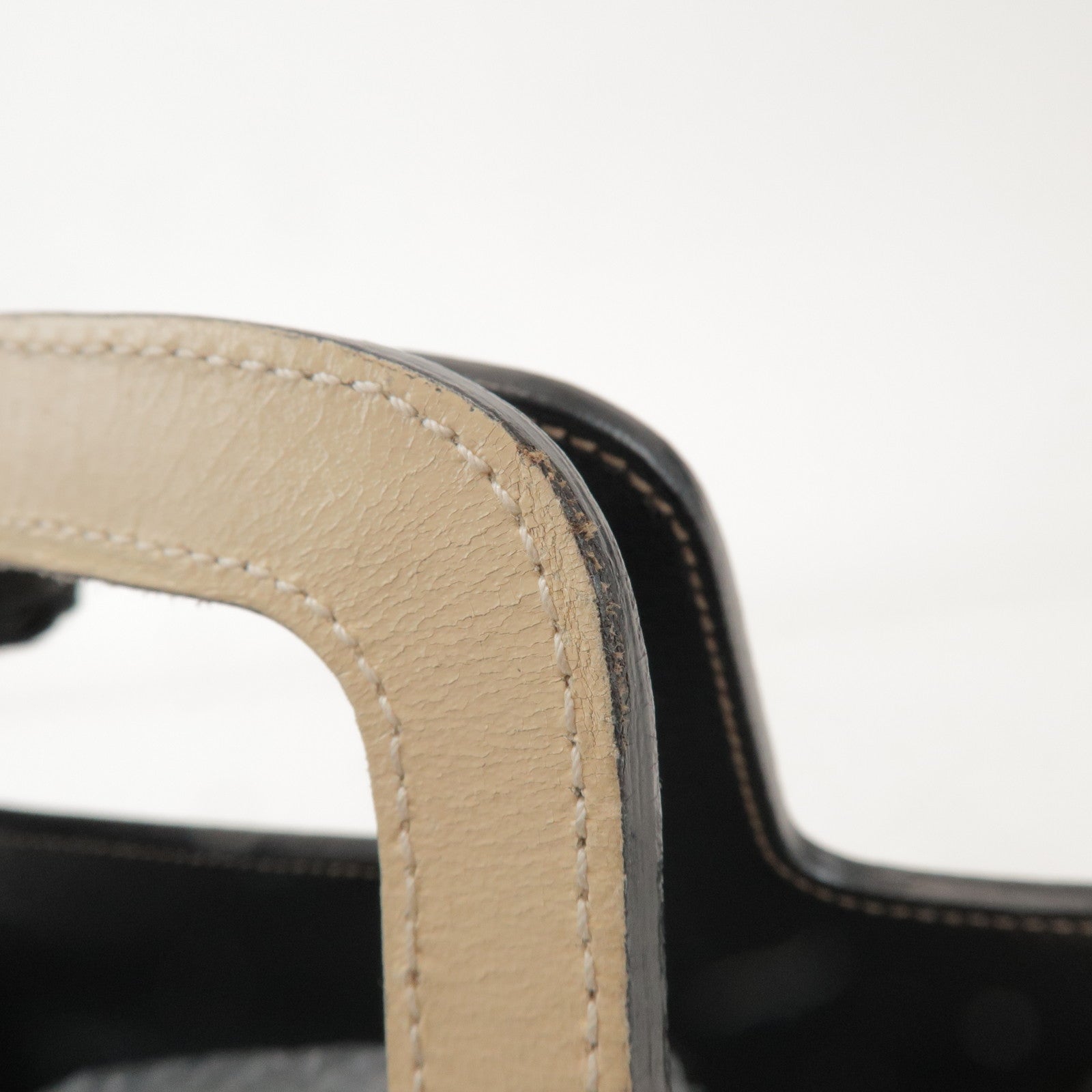 MIU MIU Madras Leather Canvas Reversible Hand Bag Ivory Black