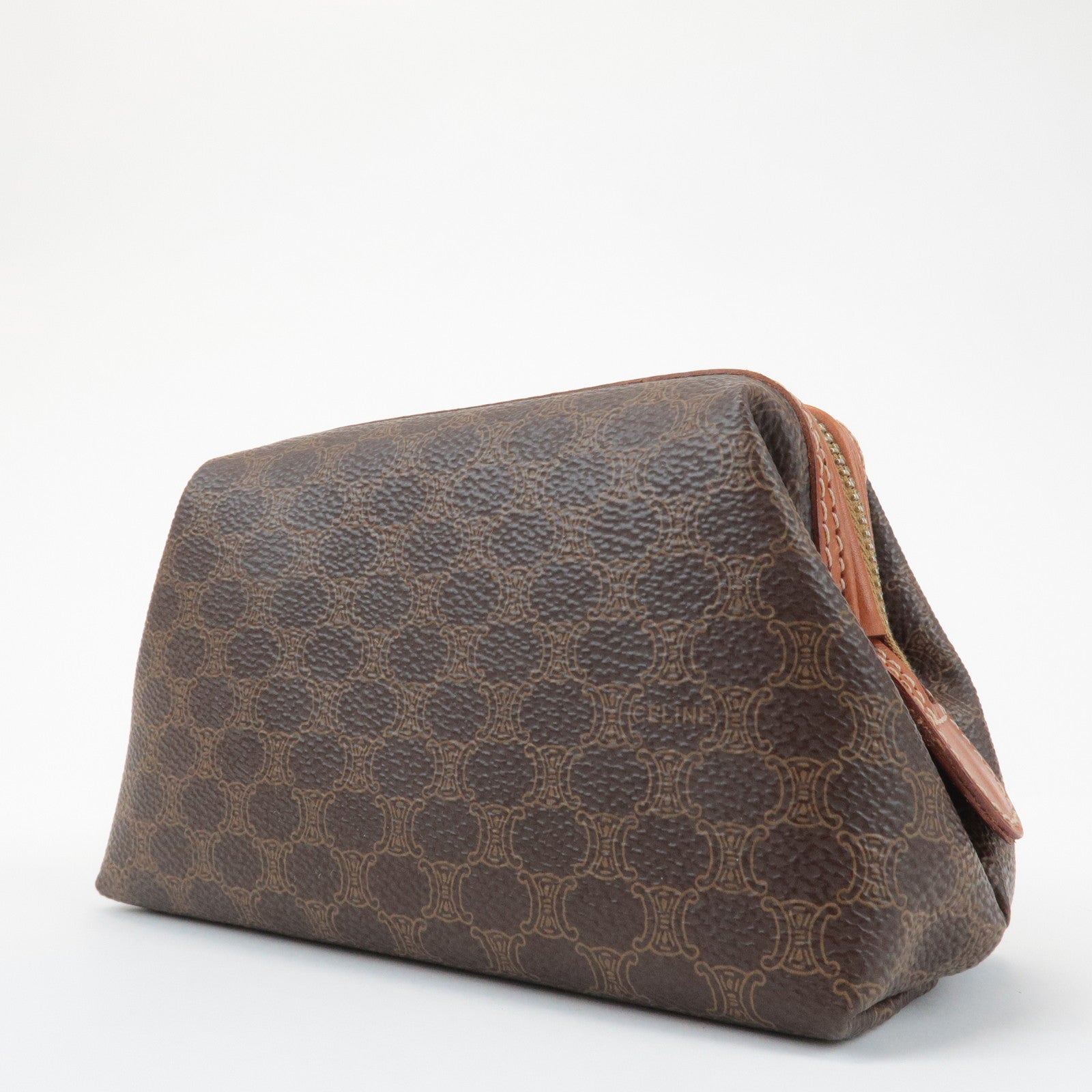 CELINE Macadam PVC Leather Canvas Pouch Brown Gold Hardware